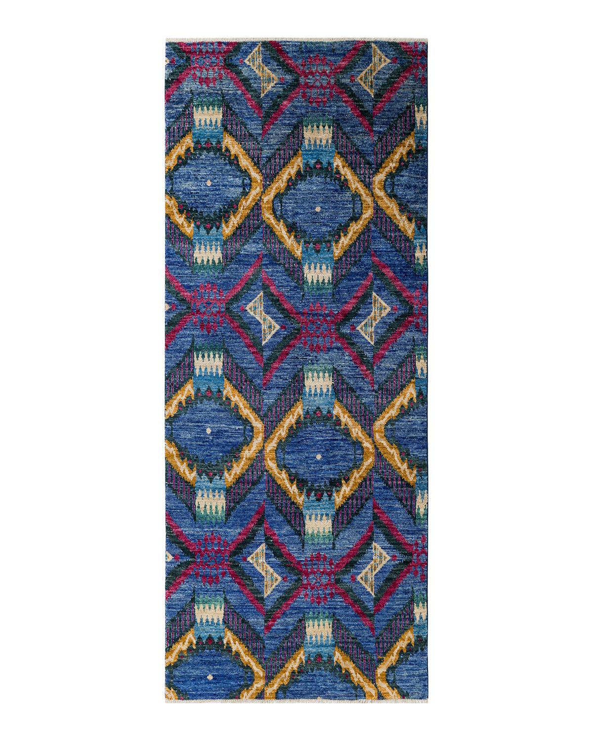 Contemporary Modern Hand Knotted Wool Blue Runner For Sale 5