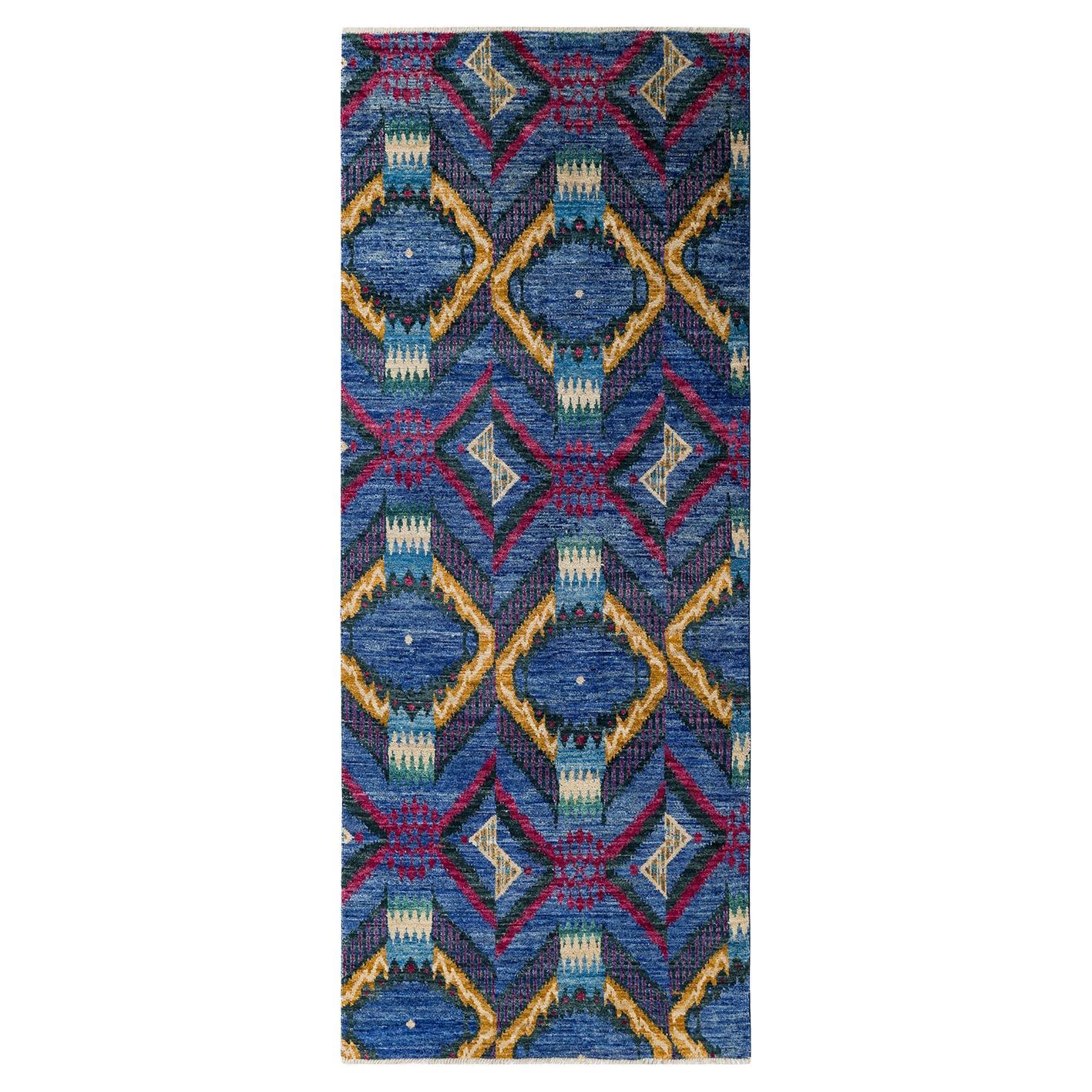 Contemporary Modern Hand Knotted Wool Blue Runner For Sale