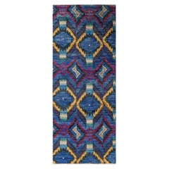 Contemporary Modern Hand Knotted Wool Blue Runner