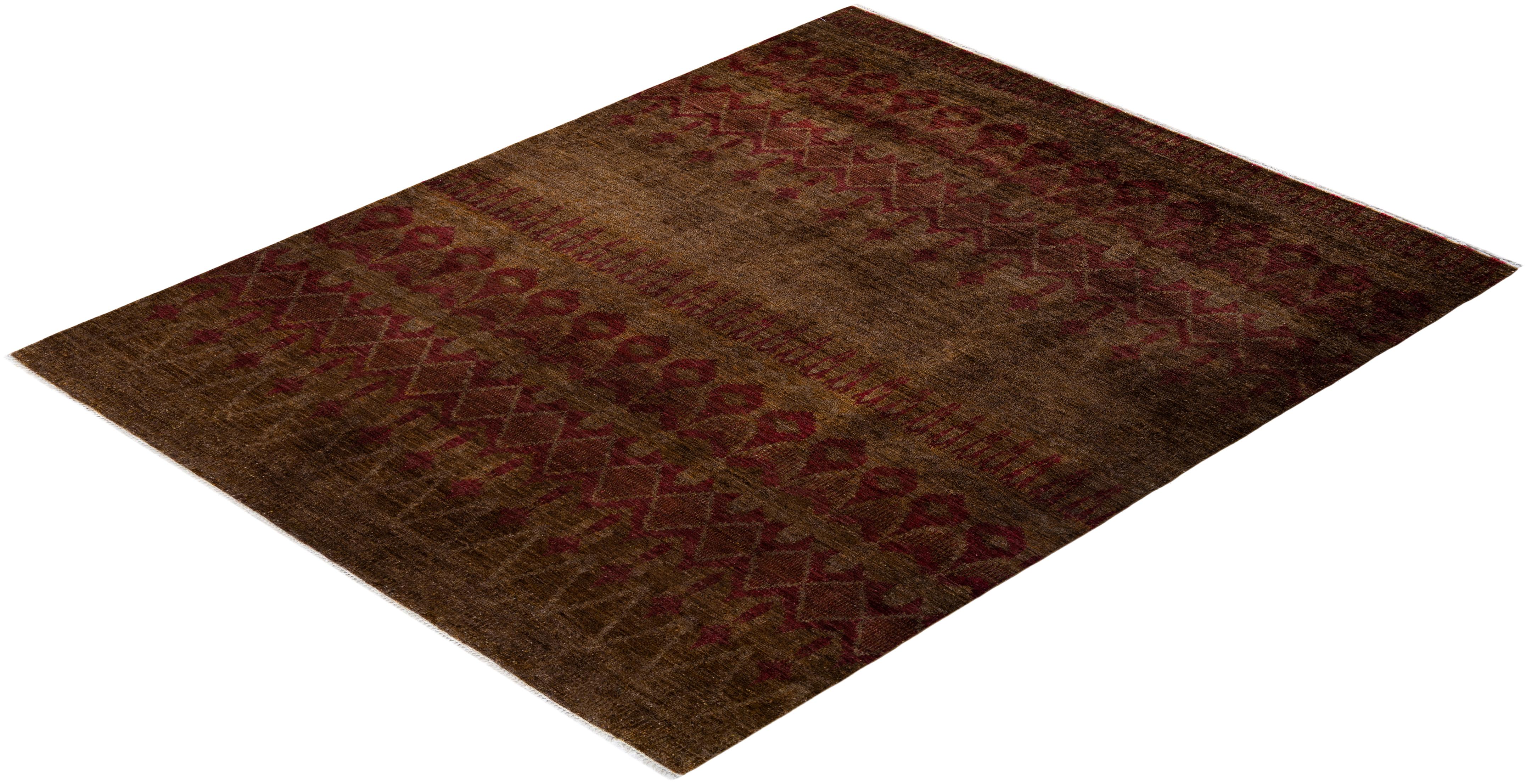 Contemporary Modern Hand Knotted Wool Brown Area Rug For Sale 4