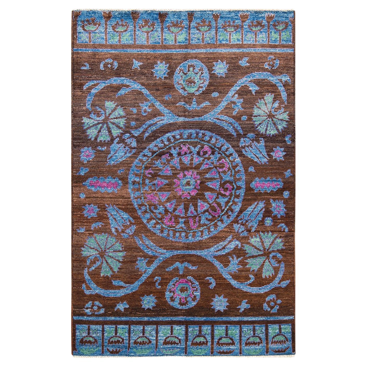 Contemporary Modern Hand Knotted Wool Brown Area Rug For Sale