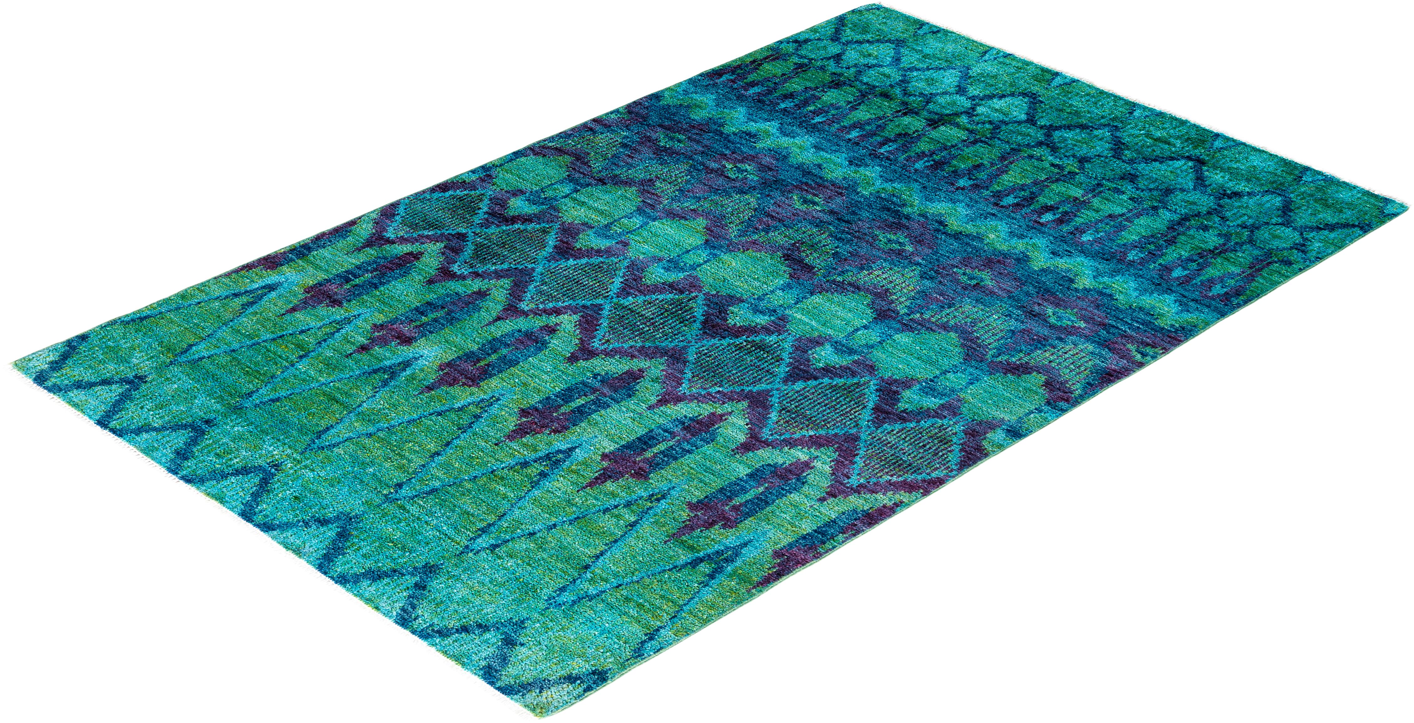 Tapis de sol contemporain moderne en laine nouée à la main, de couleur verte en vente 2