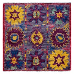 Contemporary Modern Hand Knotted Wool Multi Square Area Rug