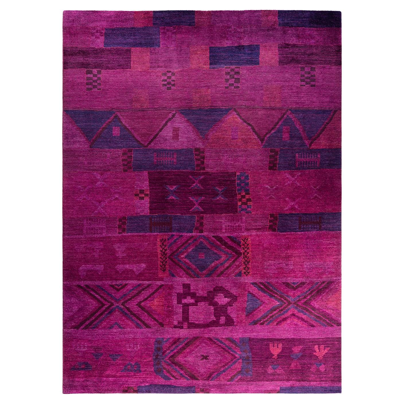 Tappeto moderno contemporaneo in lana annodata a mano di colore rosa