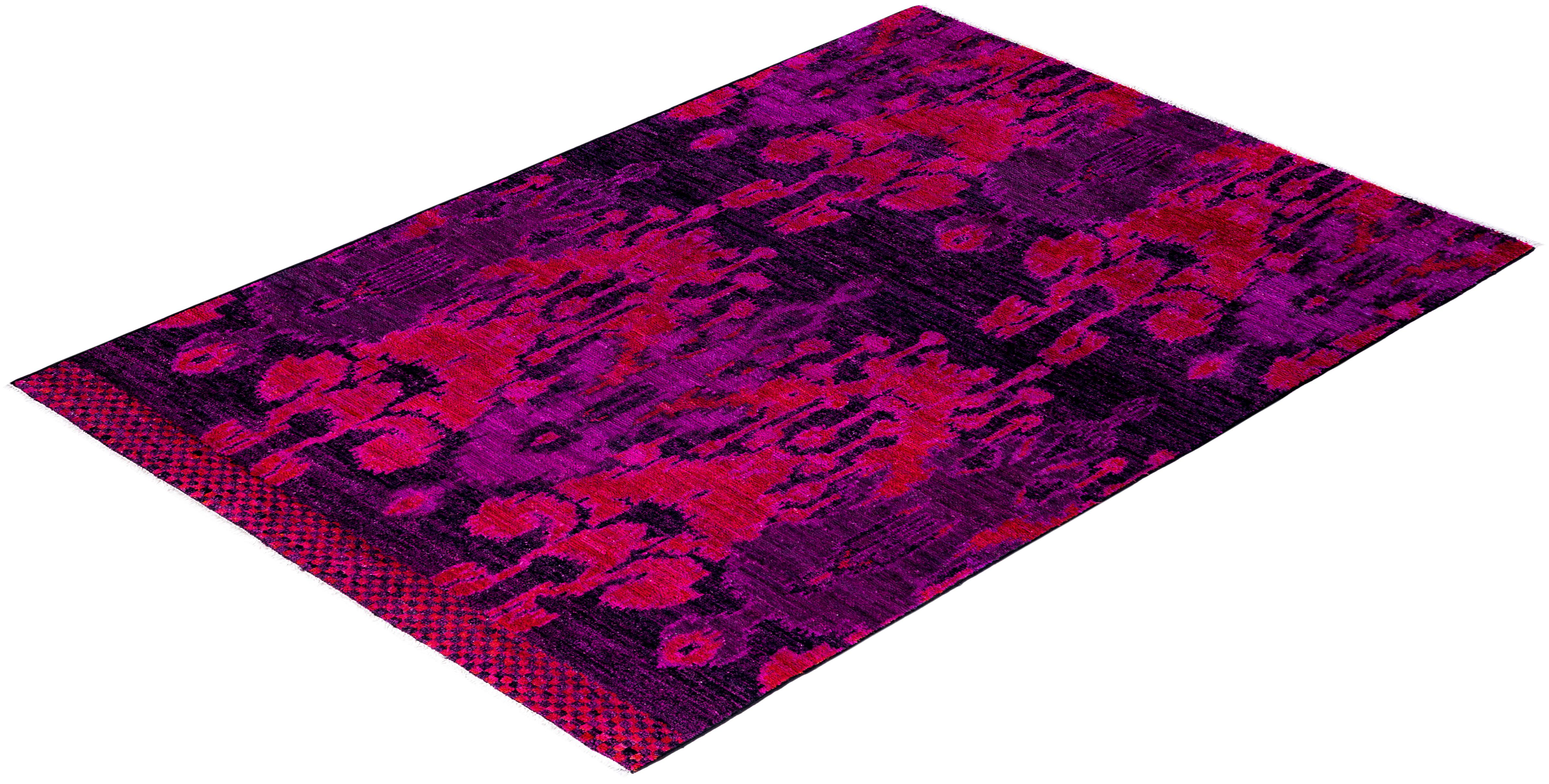 Contemporary Modern Hand Knotted Wool Purple Area Rug 4' 2