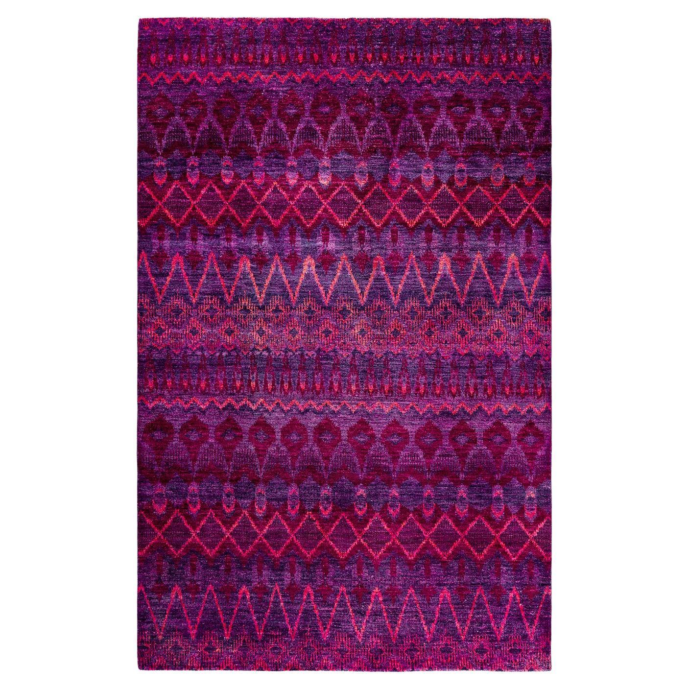 Contemporary Modern Hand Knotted Wool Purple Area Rug  For Sale