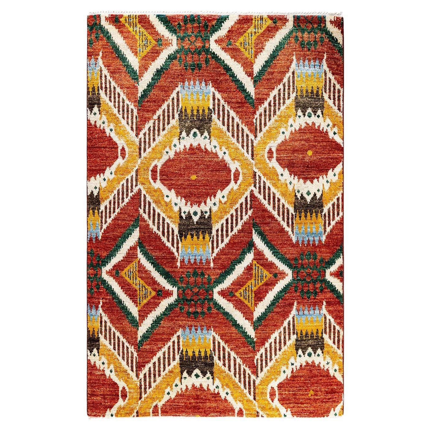 Contemporary Modern Hand Knotted Wool Red Area Rug  For Sale