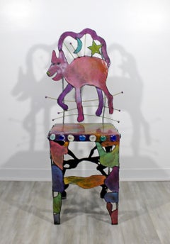 Contemporary Modern Hand Painted Metal Art Side Accent Chair Cat Star Moon 1990s