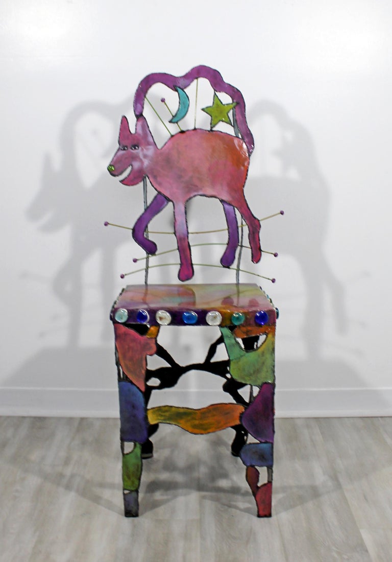 Contemporary Modern Hand Painted Metal Art Side Accent Chair Cat Star