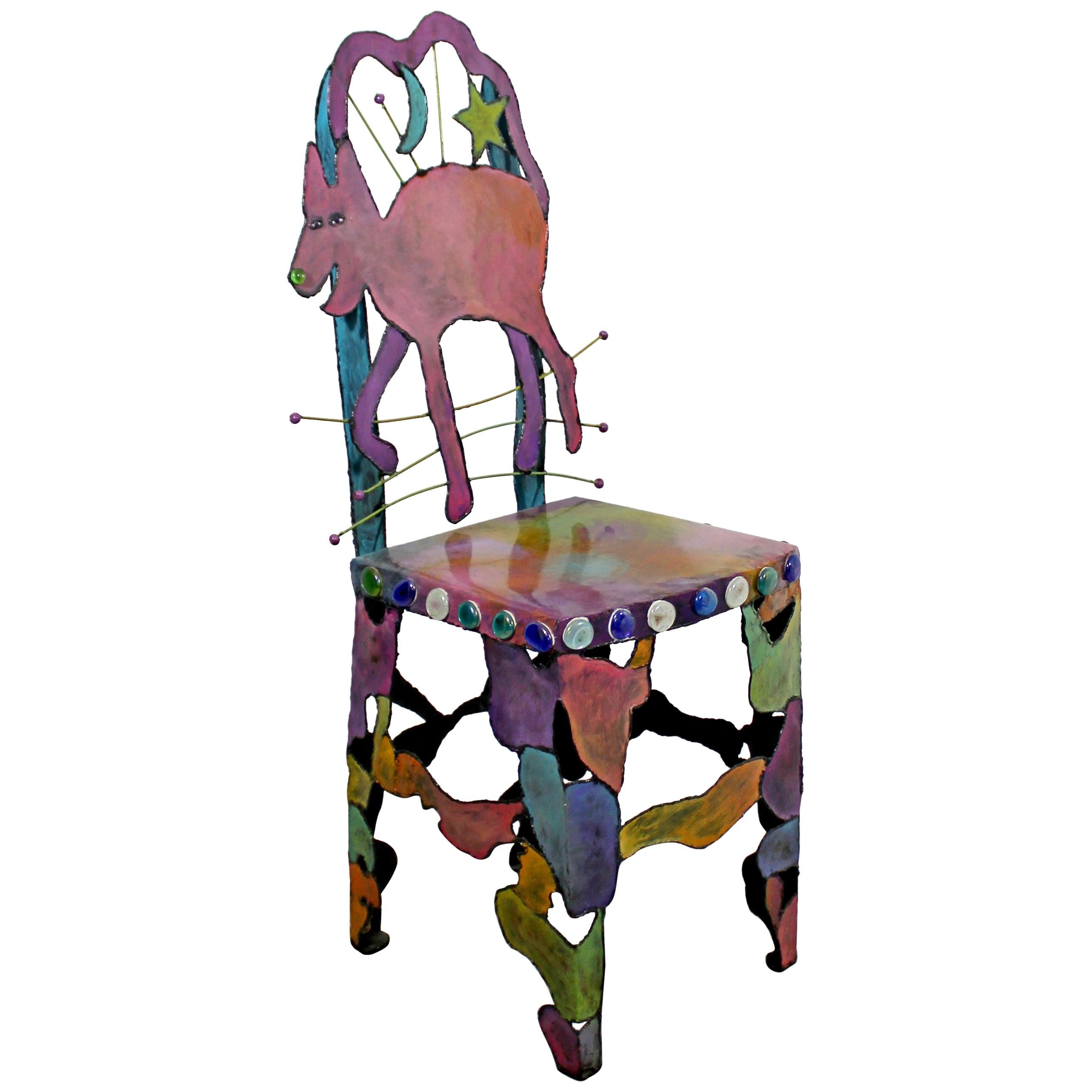 Contemporary Modern Hand Painted Metal Art Side Accent Chair Cat Star Moon 1990s