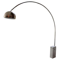 Vintage Contemporary Modern Harvey Guzzini White Marble Base Arc Floor Lamp Italy