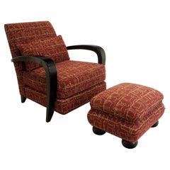 Contemporary Modern Henredon Wood Upholstered Lounge Chair & Ottoman