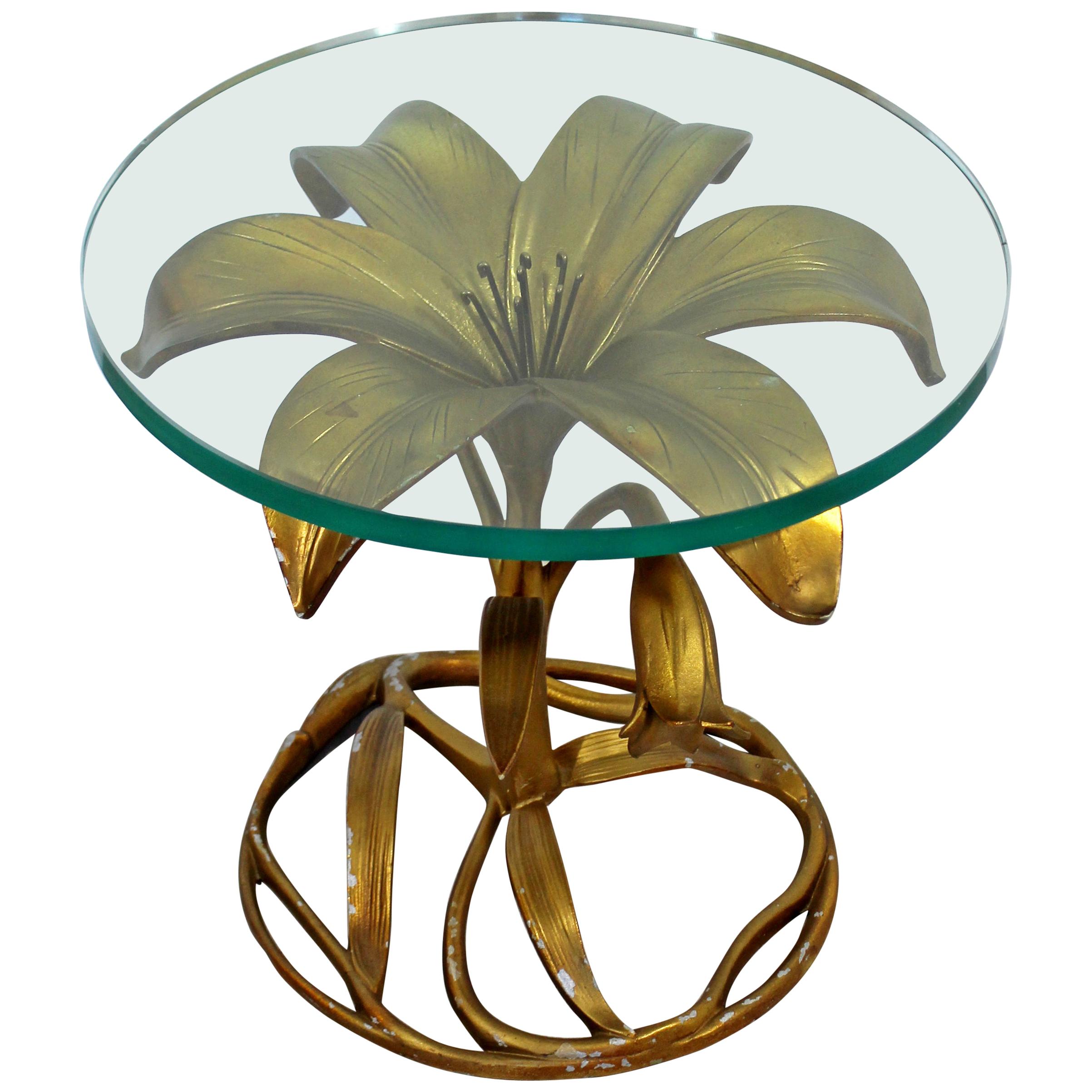 Contemporary Modern Hollywood Regency Brass Glass Flower Side Table Arthur Court