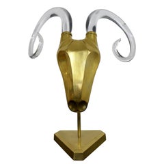 Contemporary Modern Hollywood Regency Brass Glass Ram Head Table Sculpture 1980s