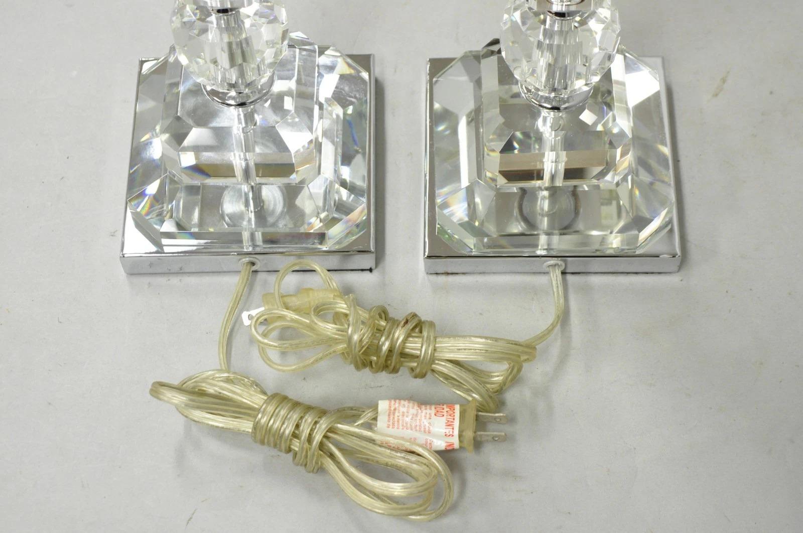 Contemporary Modern Hollywood Regency Glamorous Leaded Crystal Table Lamps with Chrome Mounts - a Pair. Circa Late 20th Century. Measurements: 26.5