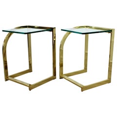 Contemporary Modern Hollywood Regency Pair of Brass and Glass Side End Tables