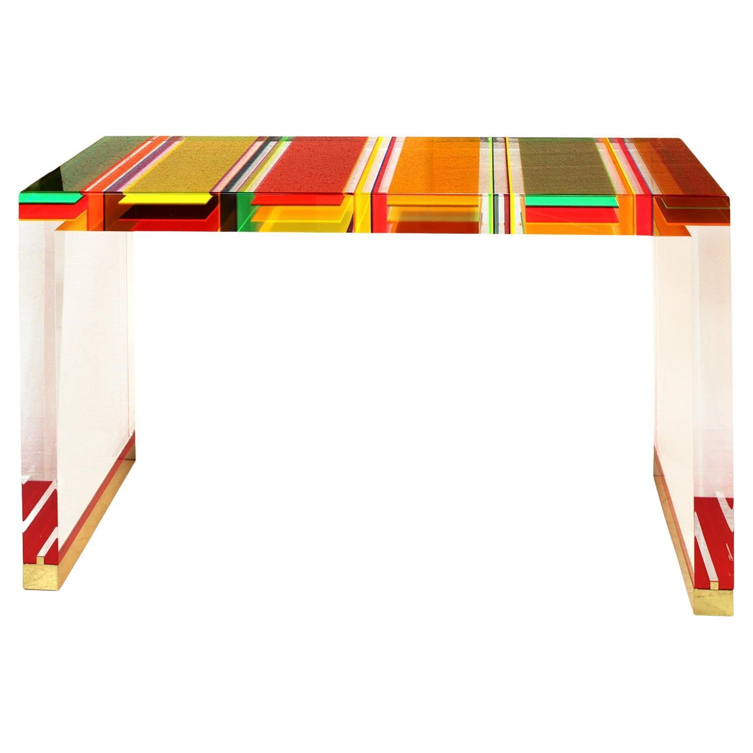 Contemporary Colored Methacrylate and Brass Italian Console Designed by Superego For Sale