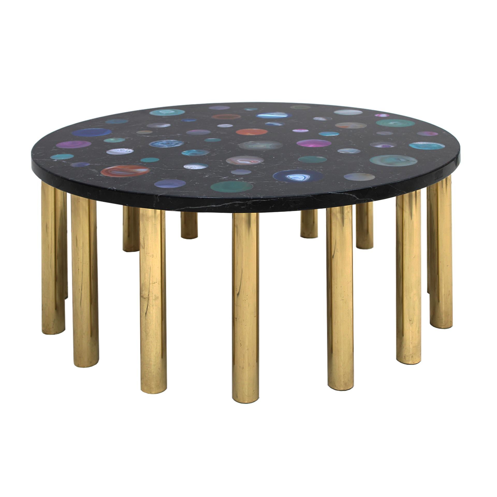 Coffee table designed by Studio Superego, made in black Marquina marble with agates of different colors and with brass legs. Single edition.

Agates are natural stones and therefore may have some imperfection, color variation and