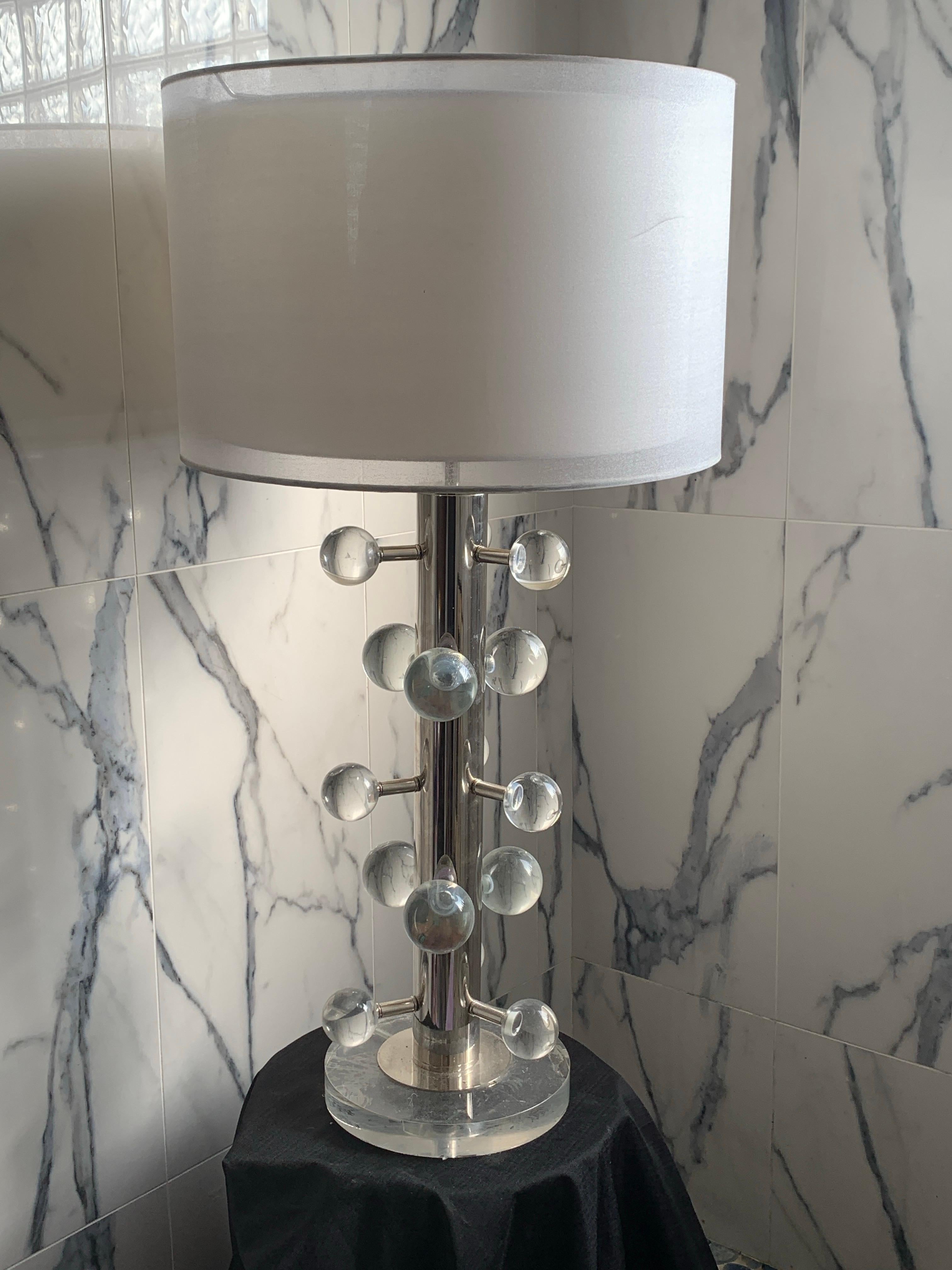 Hand-Crafted Contemporary Modern Italian HEAVY Lucite Orb Lamp. Never Used w/Unusual Shade For Sale