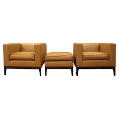 Contemporary Modern Italian Leather Cube Club Lounge Chairs Pair with Ottoman