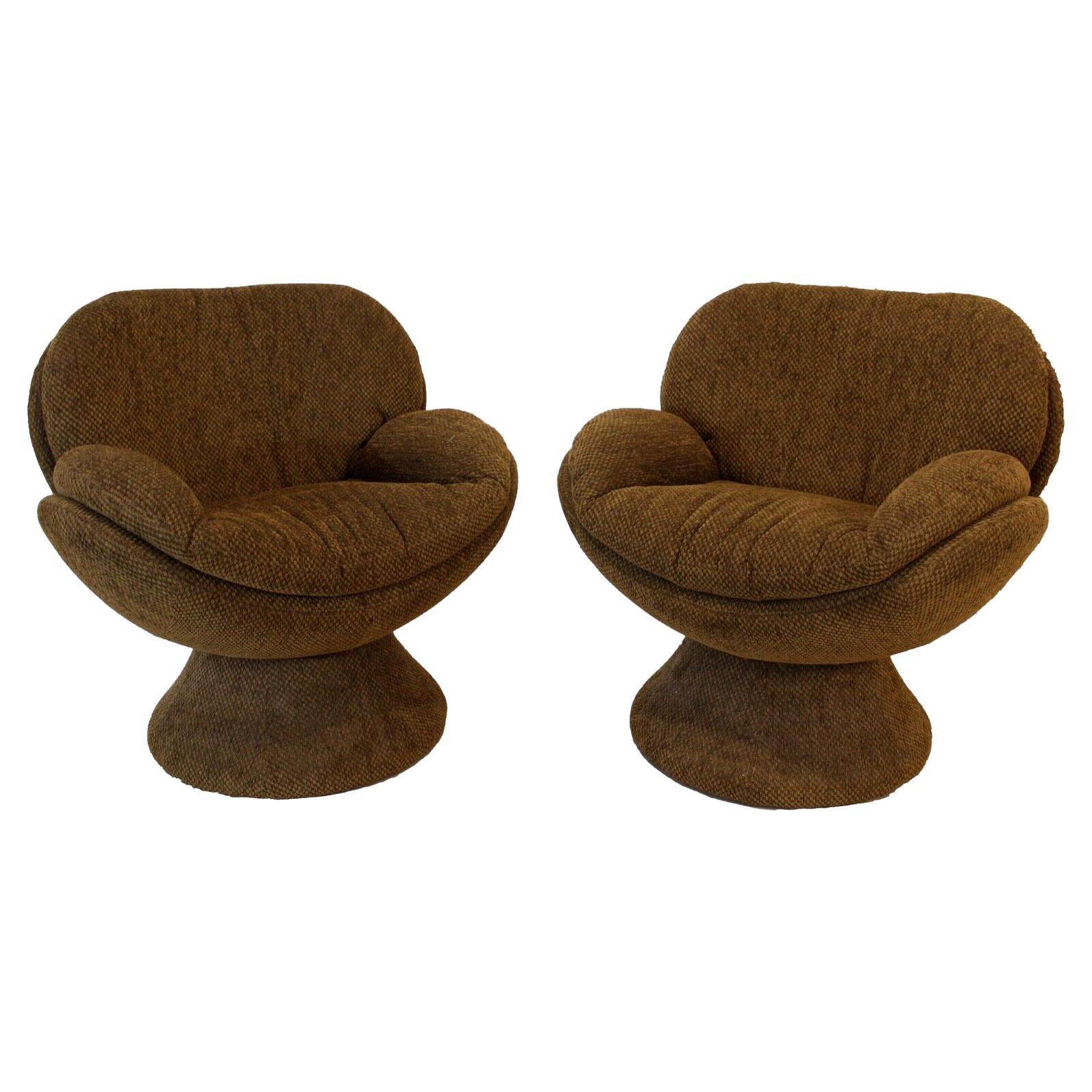 Contemporary Modern Jaymar Pair of Brown Upholstered Swivel Lounge Arm Chairs