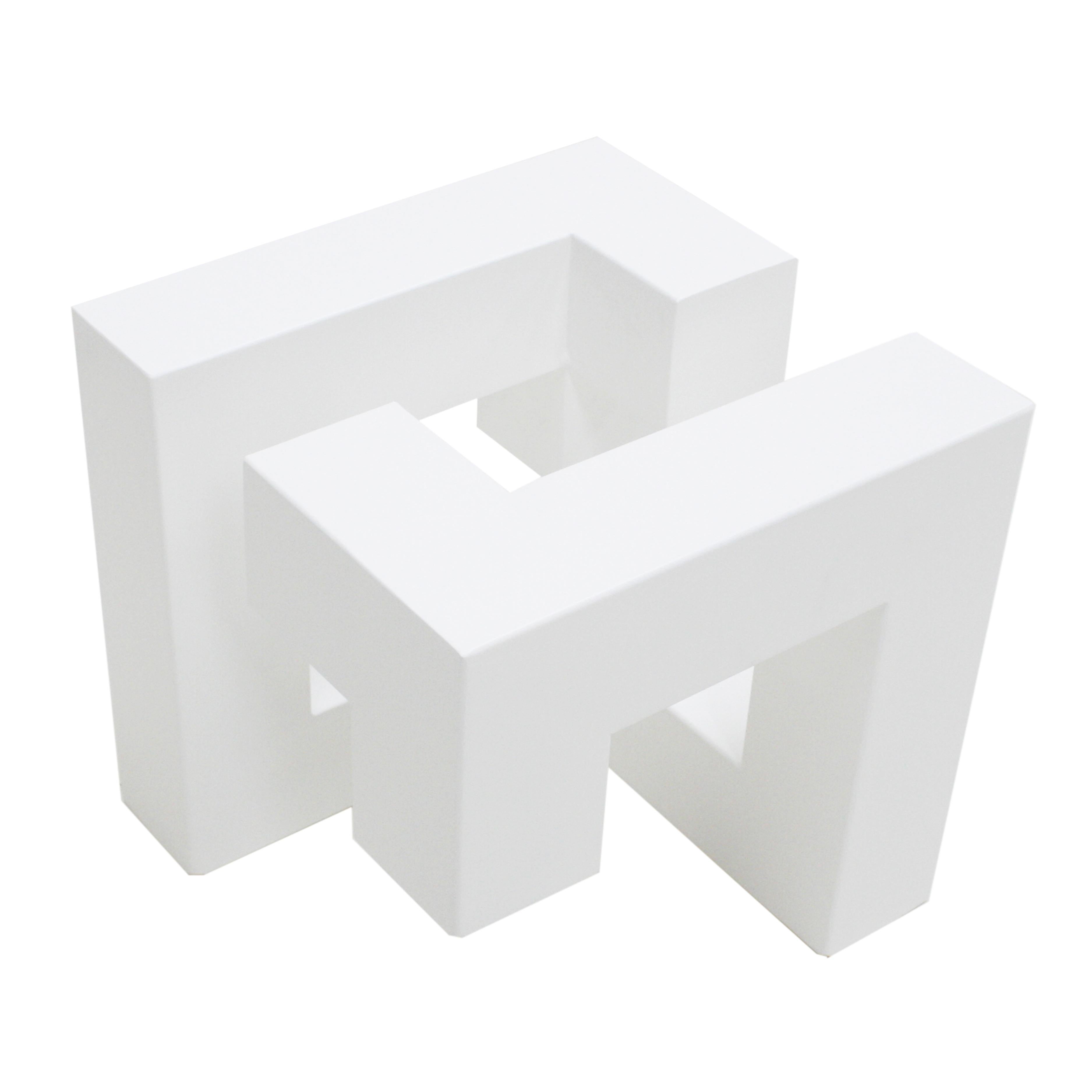 Geometric cubic sculpture shape made of white lacquered metal, designed by Spanish artist Josecho López Llorens. 
The title of the artwork is 