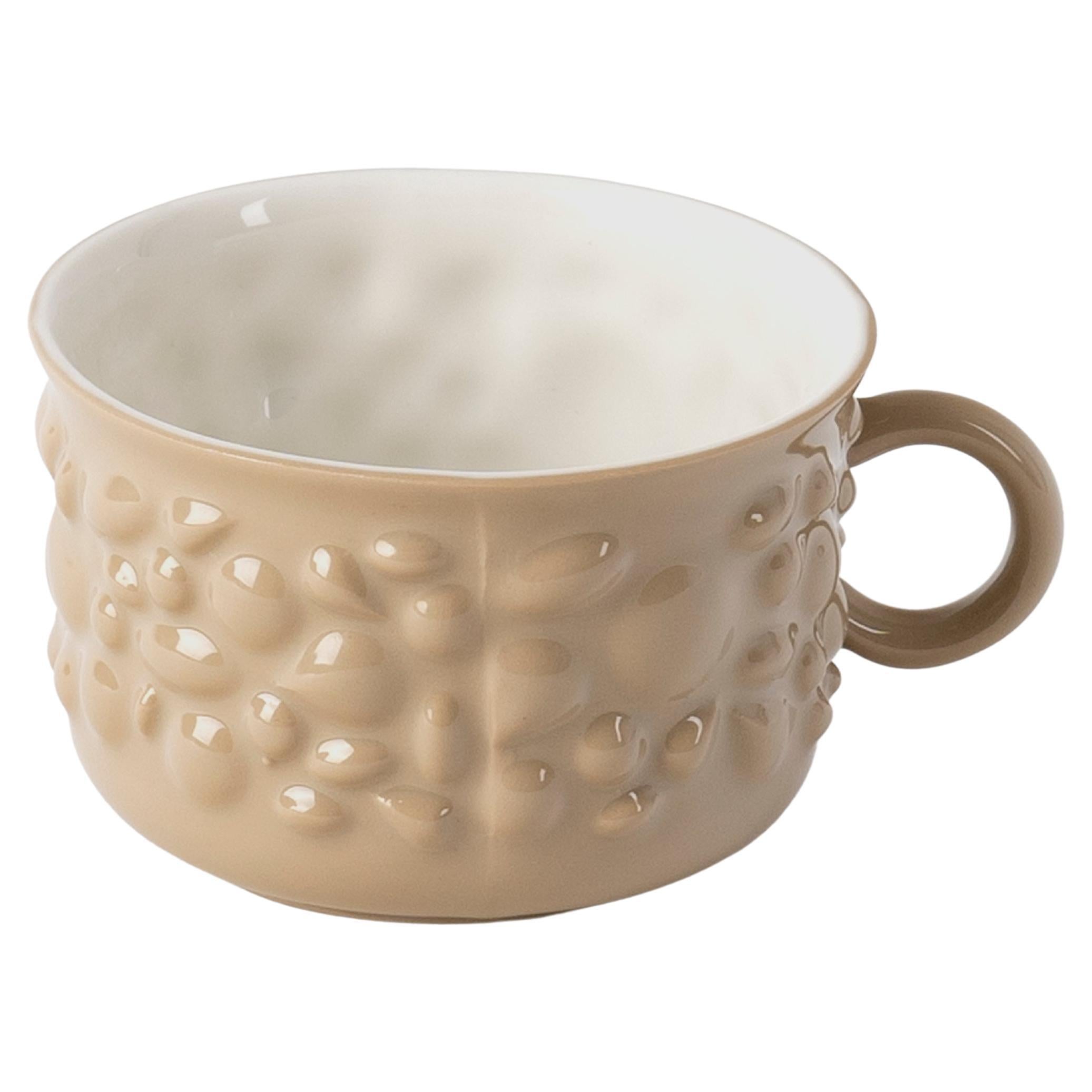 Contemporary Modern, Justine Porcelain Cappuccino Cup with Handle, Beige & White For Sale