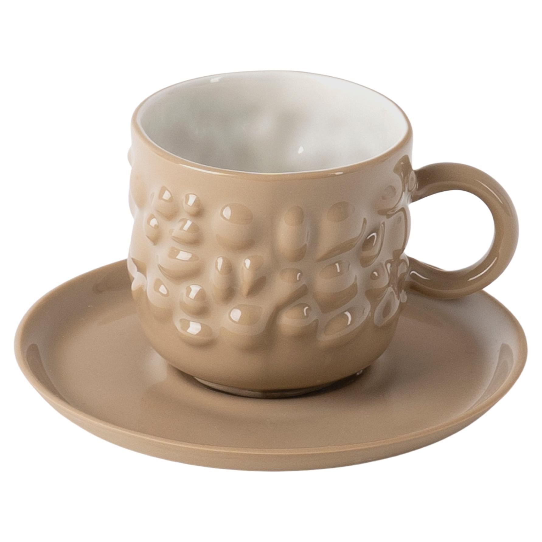 Contemporary Modern, Justine Porcelain Coffee Cup & Saucer 100 ml, Beige & White For Sale