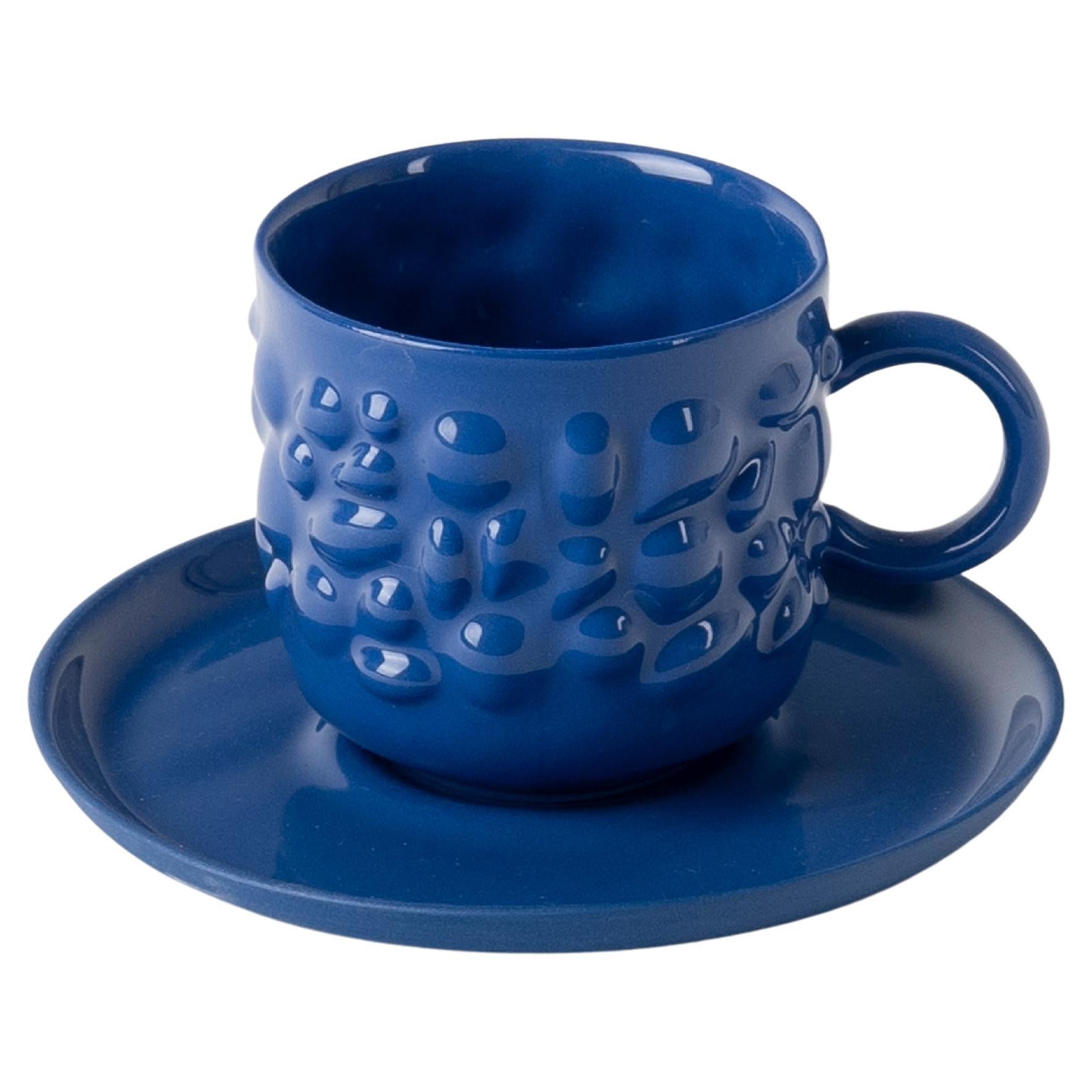 Tasse à café et soucoupe en porcelaine contemporaine moderne Justine 100 ml, bleu marine en vente