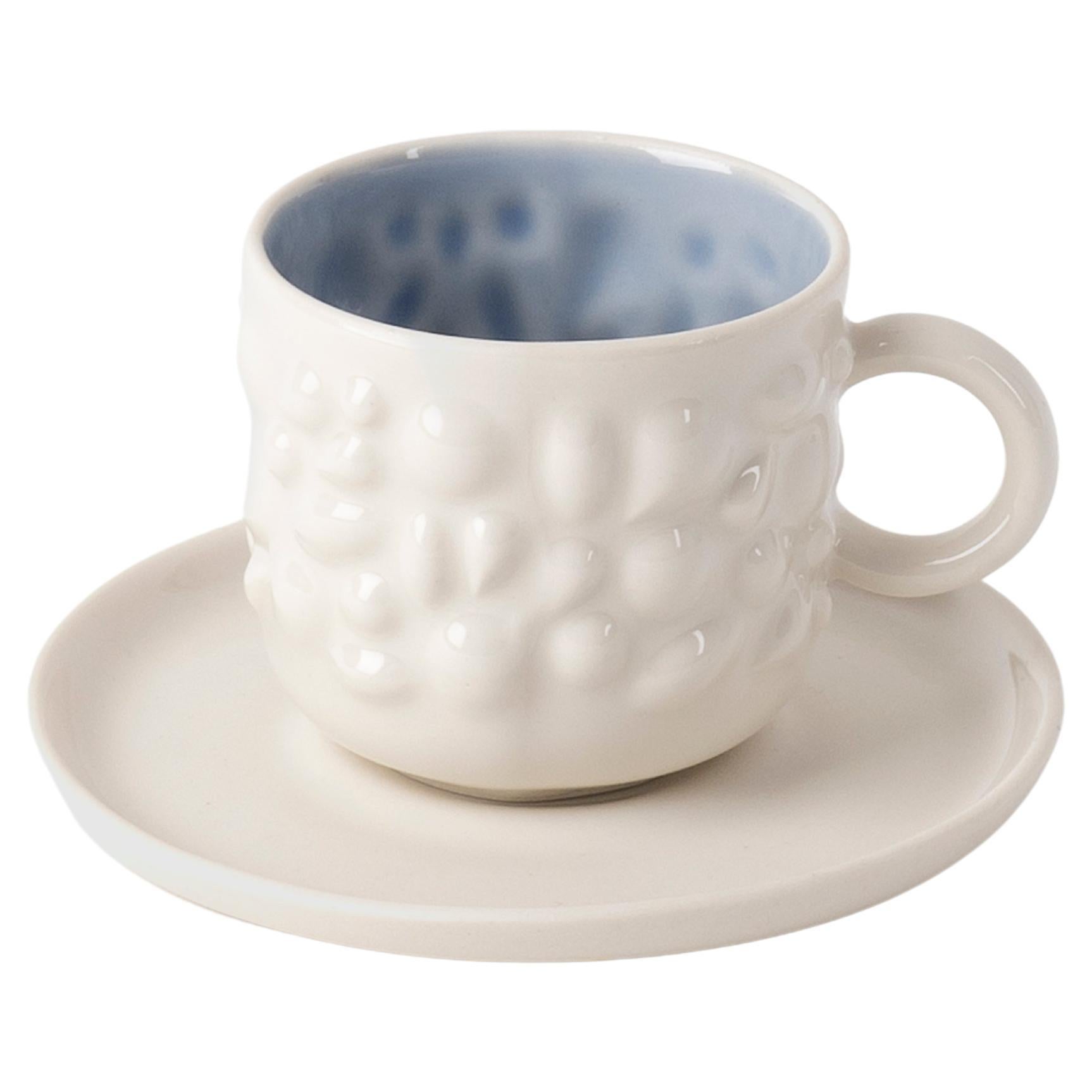 Contemporary Modern, Justine Porcelain Coffee Cup & Saucer 100 ml, White & Blue For Sale