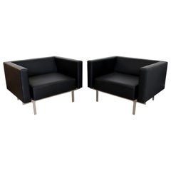 Used Contemporary Modern Keilhauer Pair of Black Cube Club Lounge Chairs Steel Legs