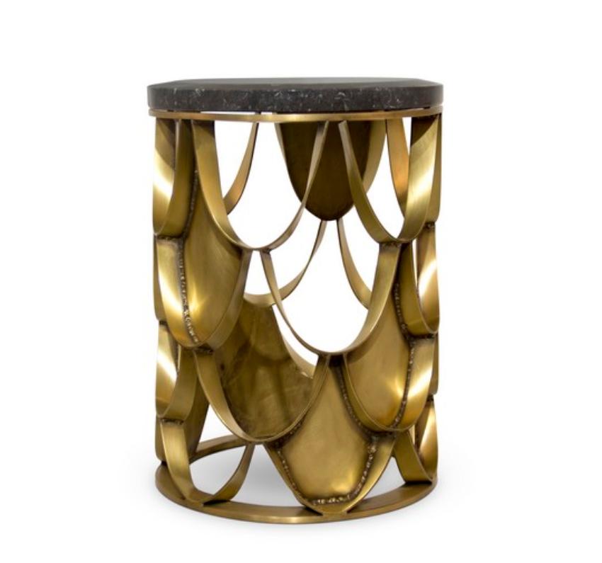 Portuguese Contemporary Modern Koi Side Table In Brass With White Marble Top by Brabbu For Sale