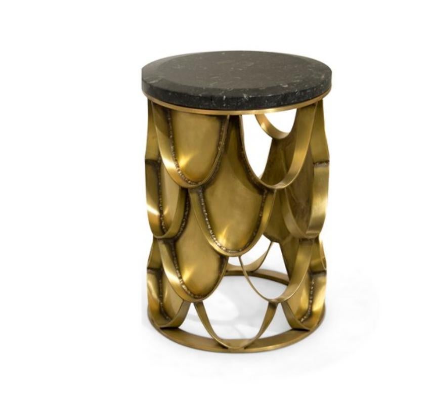 Brushed Contemporary Modern Koi Side Table In Brass With White Marble Top by Brabbu For Sale