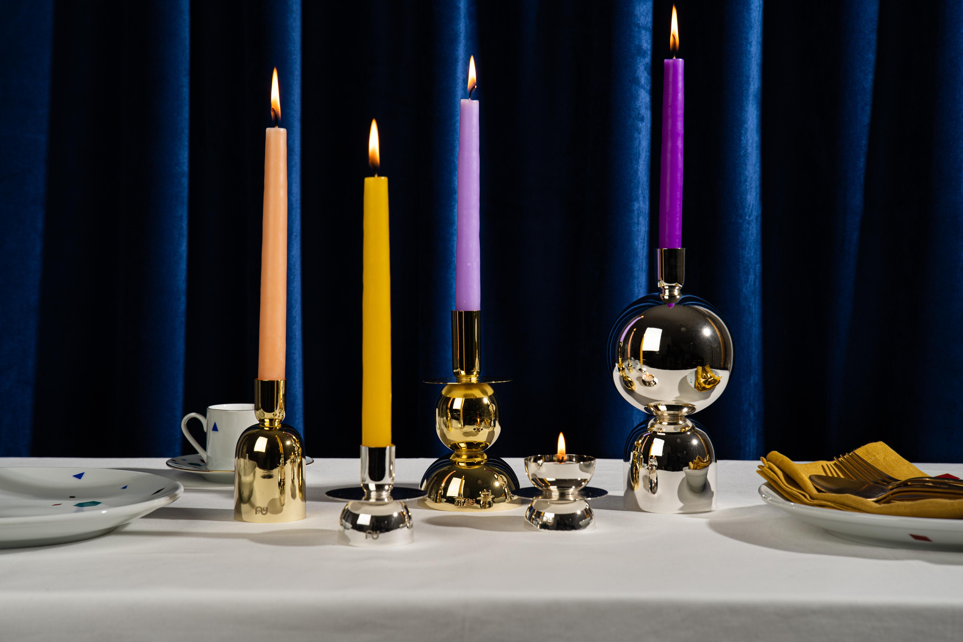 Metalwork Contemporary Modern, Kubbe Minimal Candleholder, Varnished Brass For Sale
