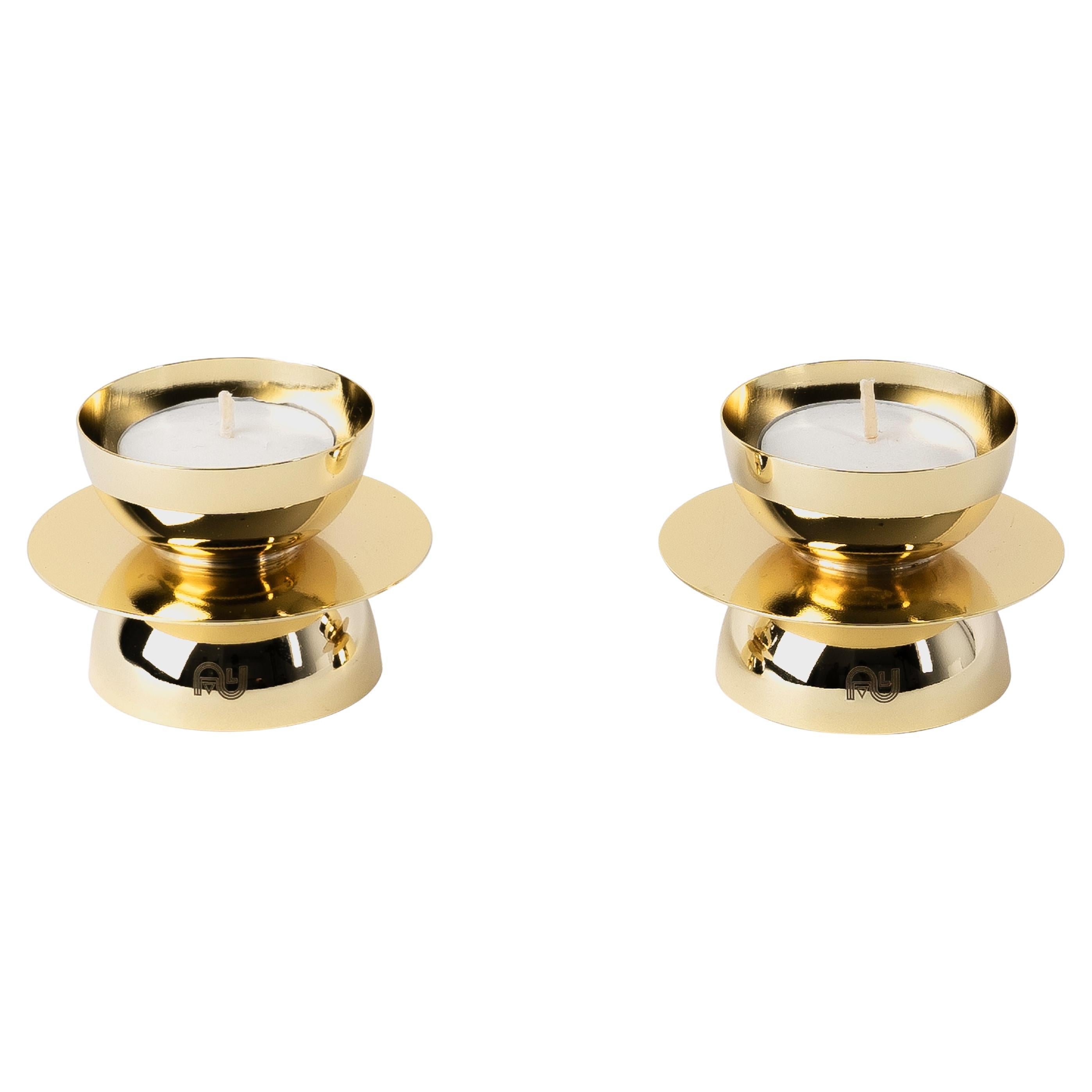 Contemporary Modern, Kubbe Minimal Tealight Holders, Varnished Brass, Set of 2 For Sale