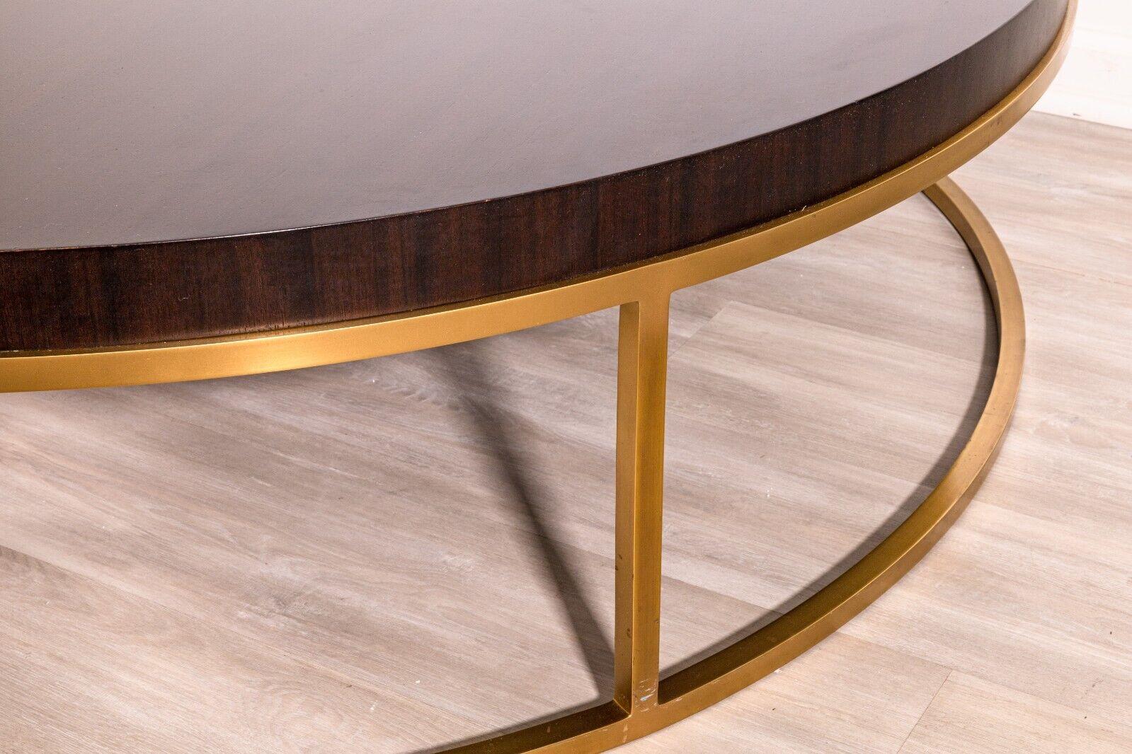 Contemporary Modern Large Round Dark Wood and Brass Coffee Table In Good Condition For Sale In Keego Harbor, MI