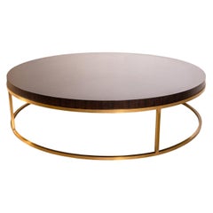Contemporary Modern Large Round Dark Wood and Brass Coffee Table