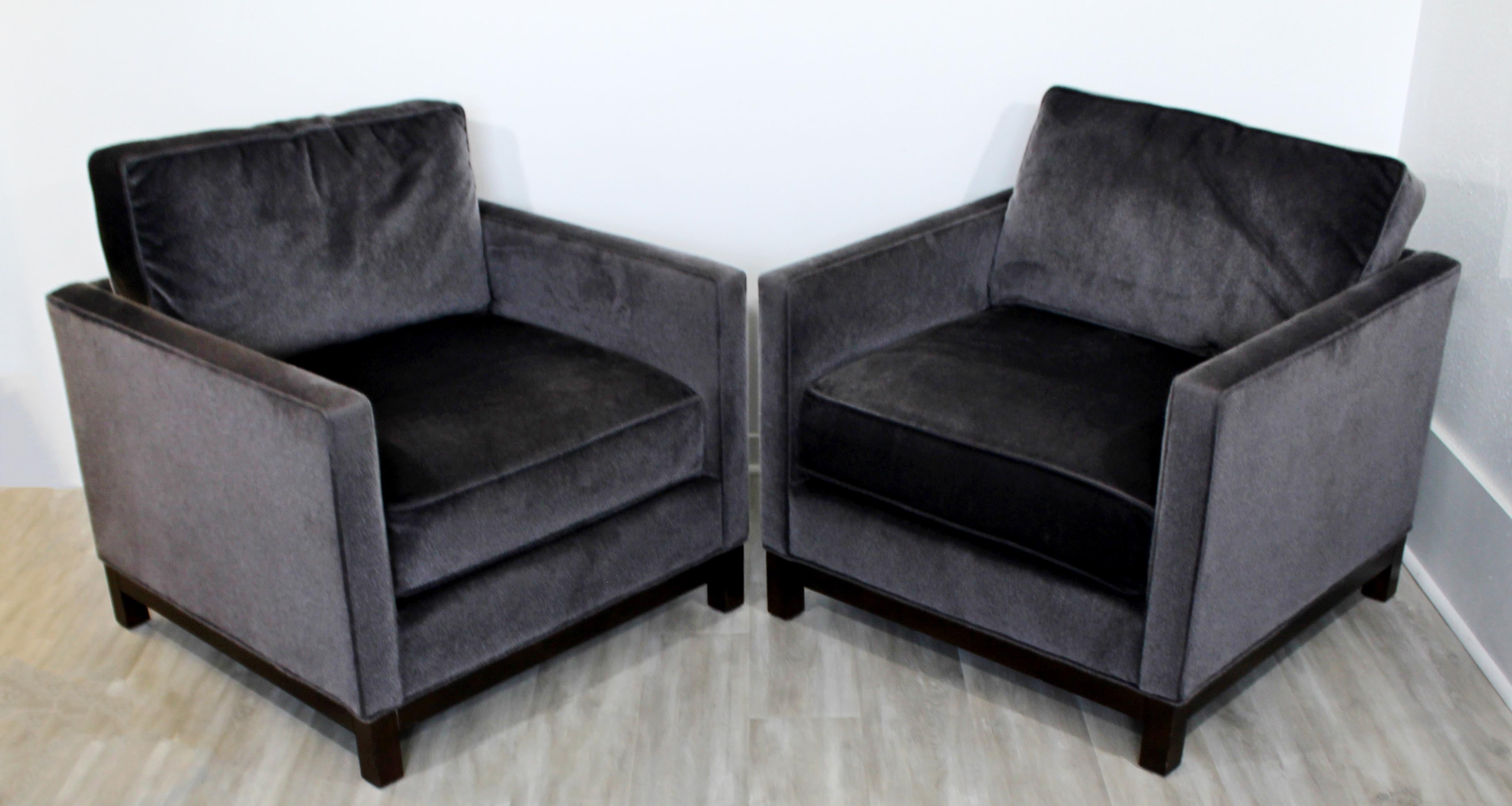 For your consideration is a magnificent pair of massive cube lounge armchairs, with faux mohair upholstery and on wooden bases, by Lexington. In excellent condition. The dimensions are 35
