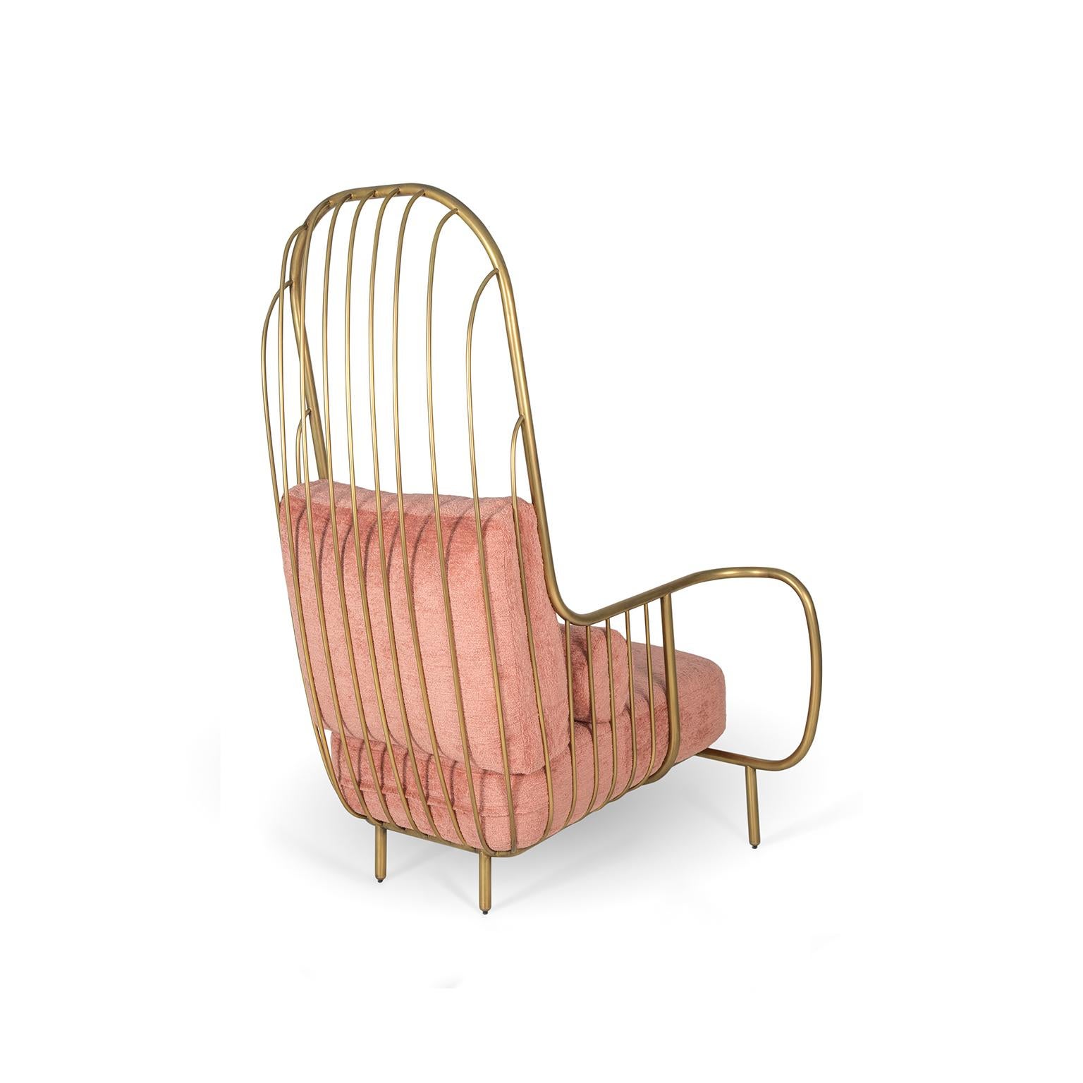 Brushed Contemporary Modern Liberty Armchair High Back, Aged Brass, Pink Bouclé Cushions For Sale