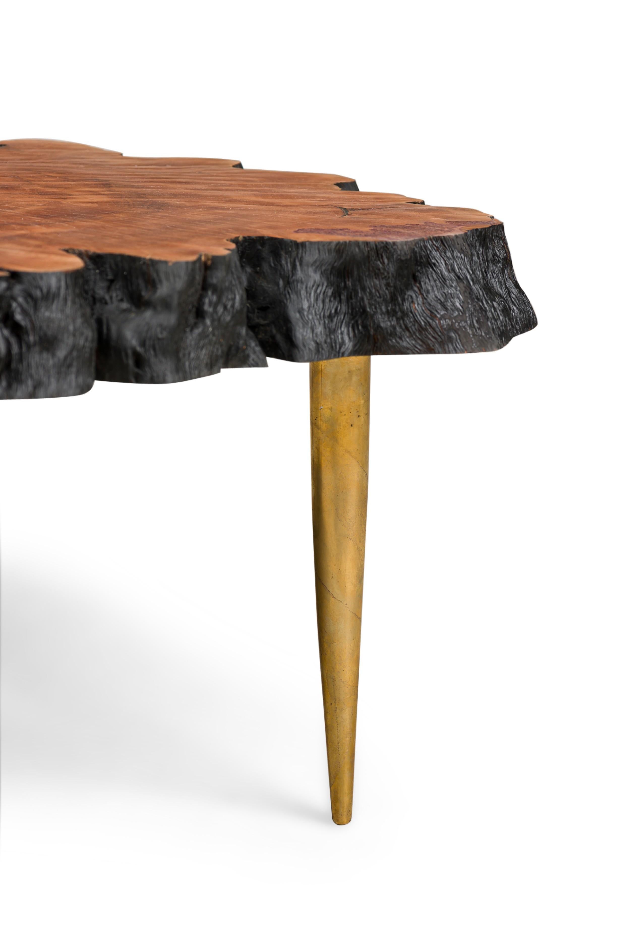 Contemporary Modern Live Edge Petrified Wood and Brass Coffee Table For Sale 5