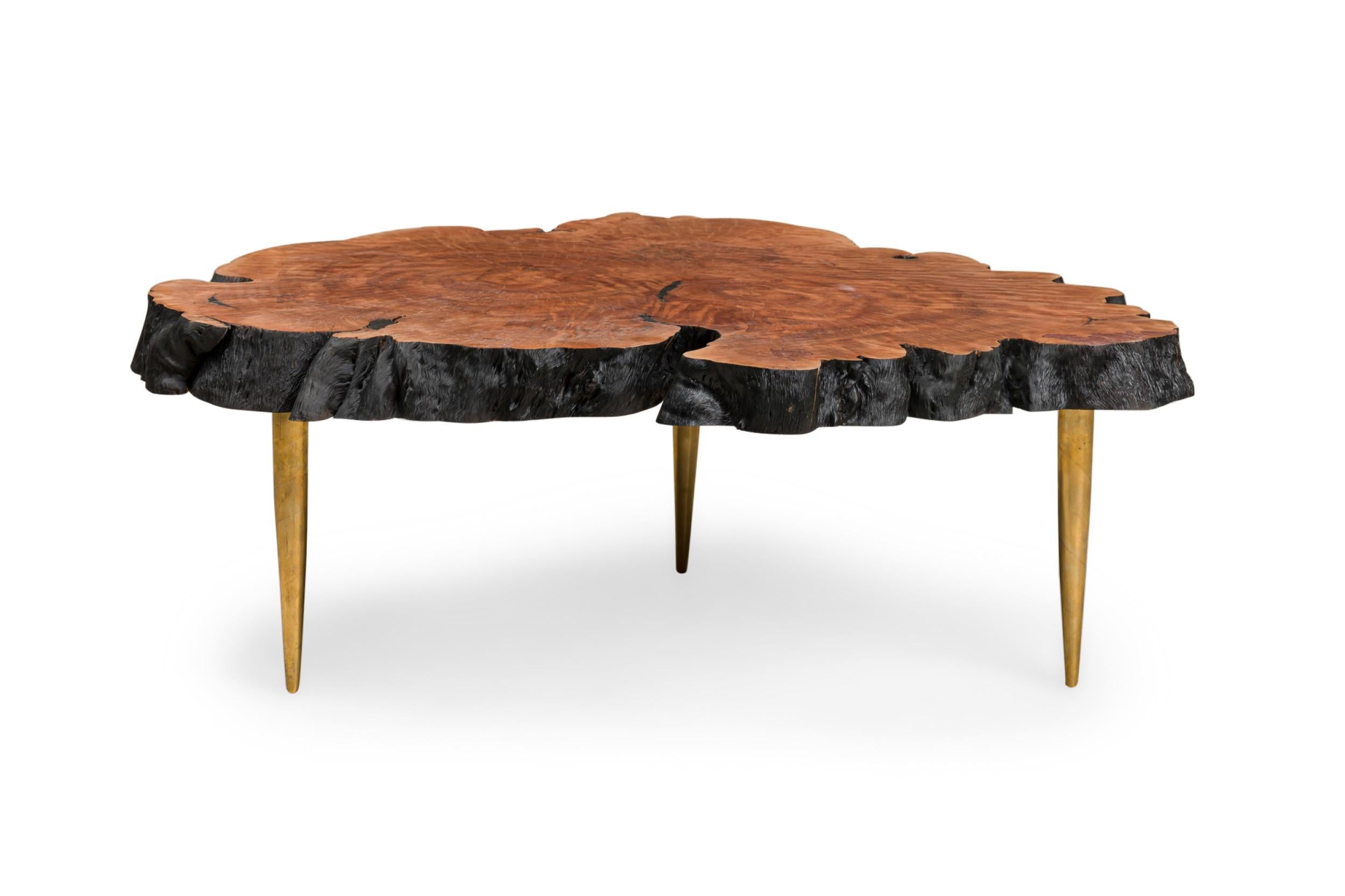 Contemporary Modern Live Edge Petrified Wood and Brass Coffee Table In Good Condition For Sale In New York, NY