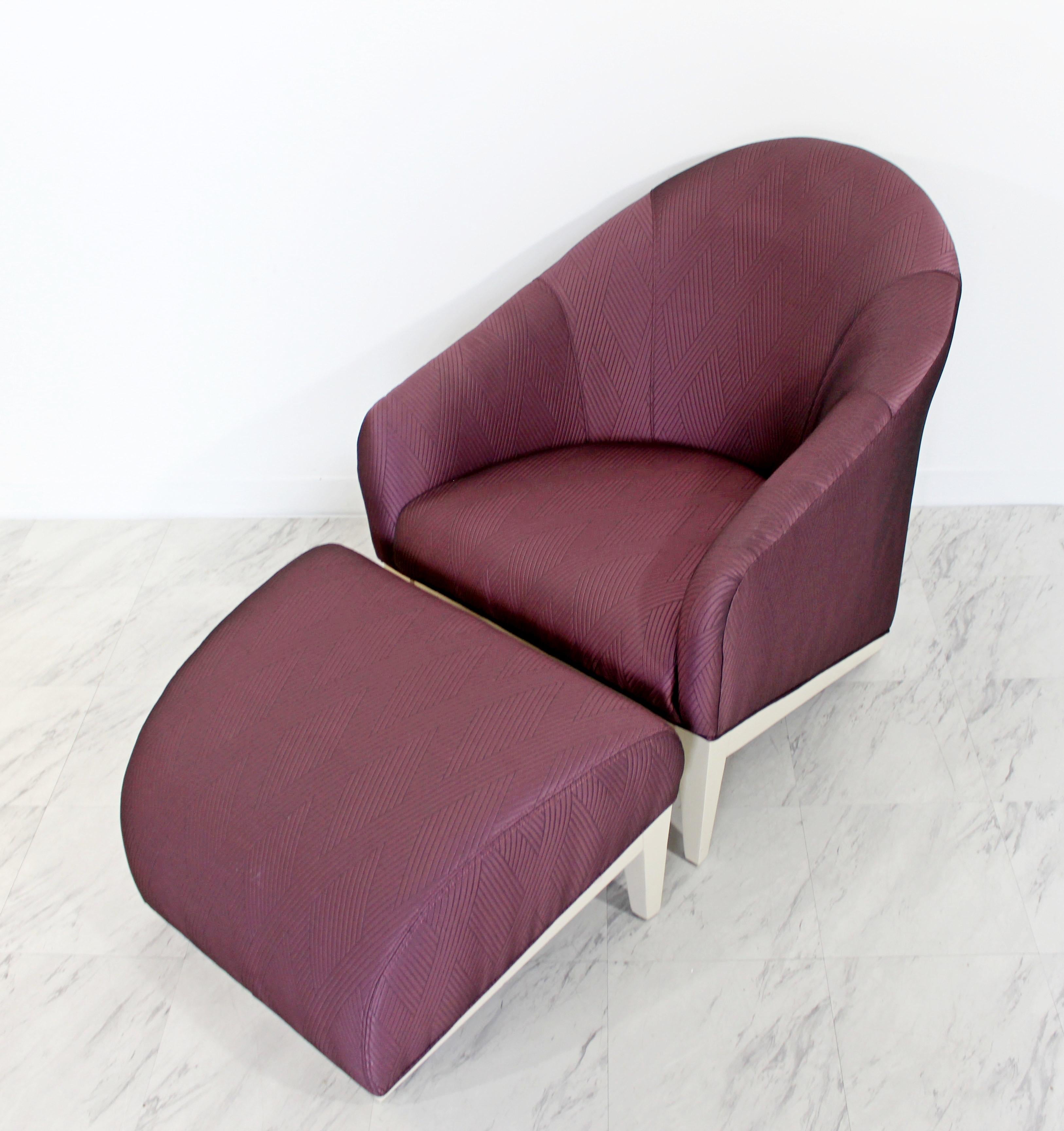 For your consideration is a unique, lounge armchair and matching ottoman. Upholstery is a beautiful purple raw silk. In excellent condition. The dimensions of the chair are 27
