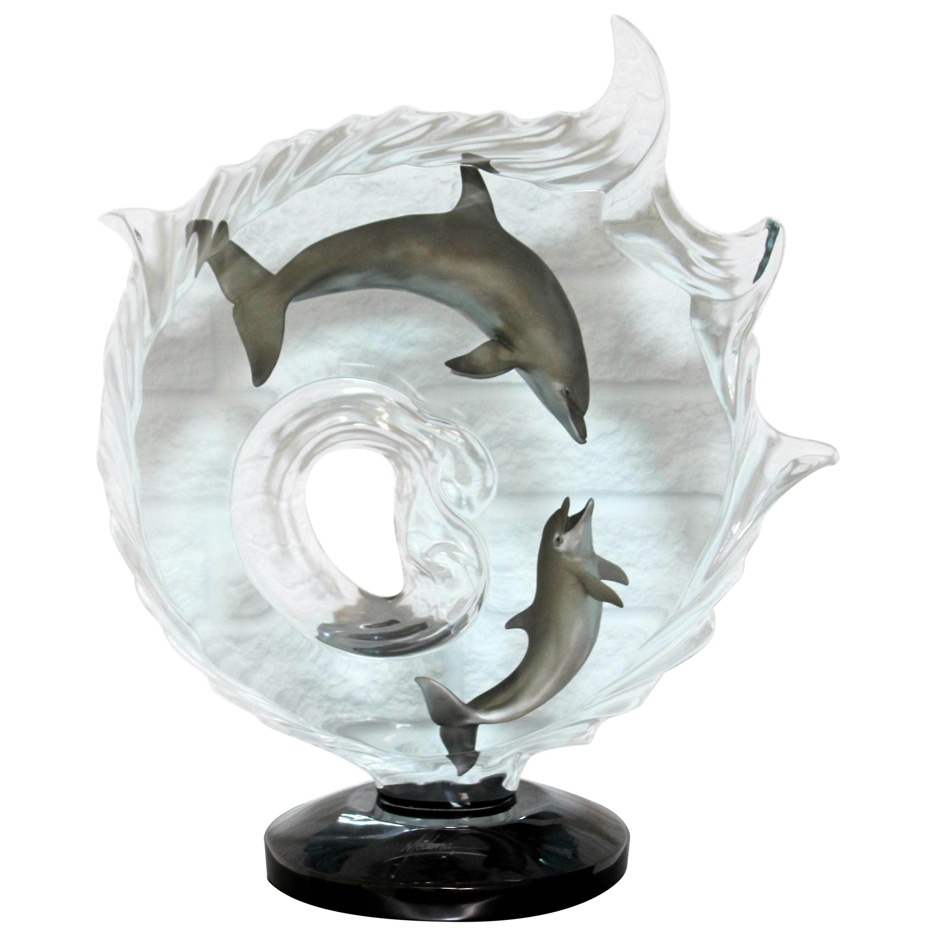 Contemporary Modern Lucite Acrylic Table Sculpture Dolphin Surf Riders Medina