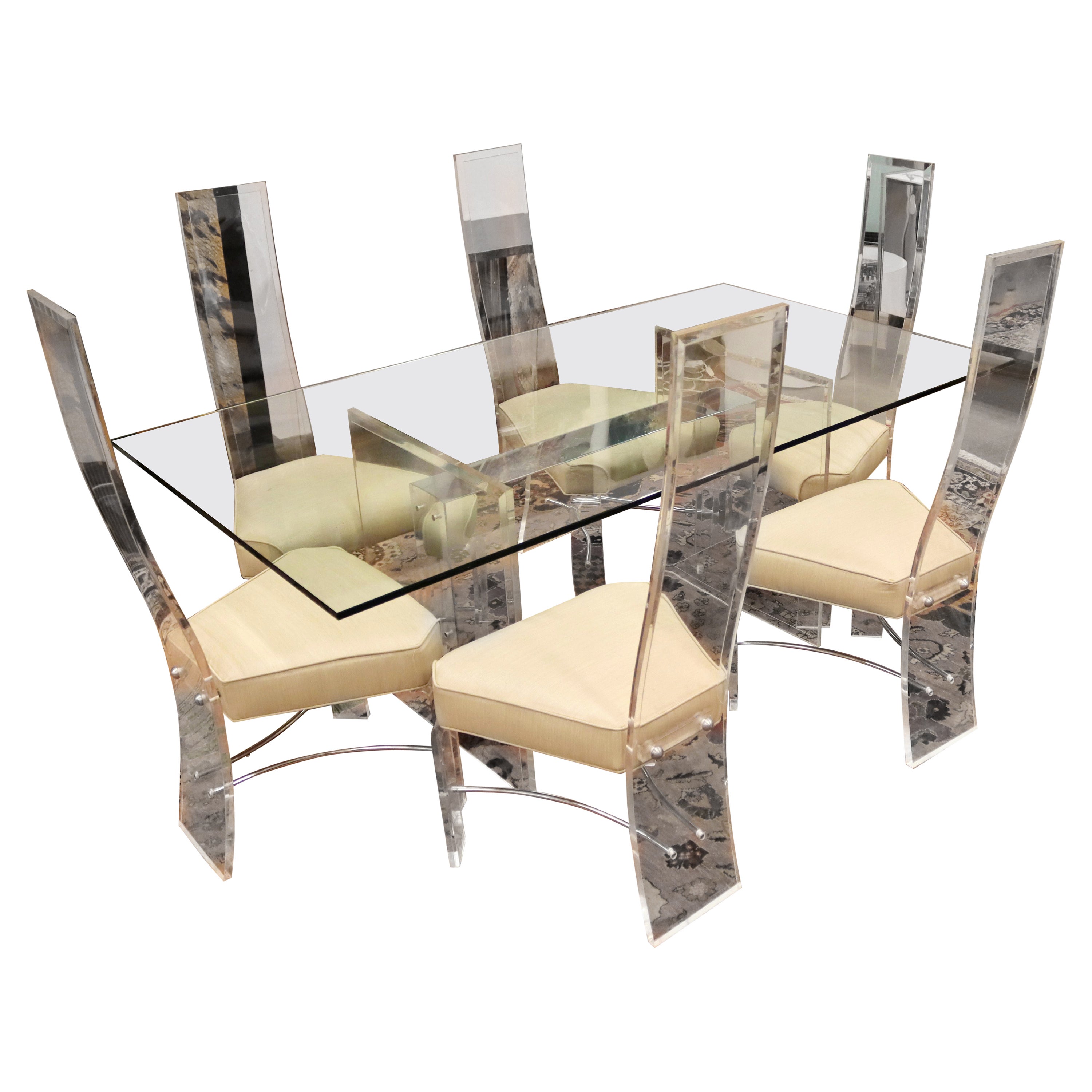 Contemporary Modern Lucite 
Chrome Dining Set 1980s White Mirror
