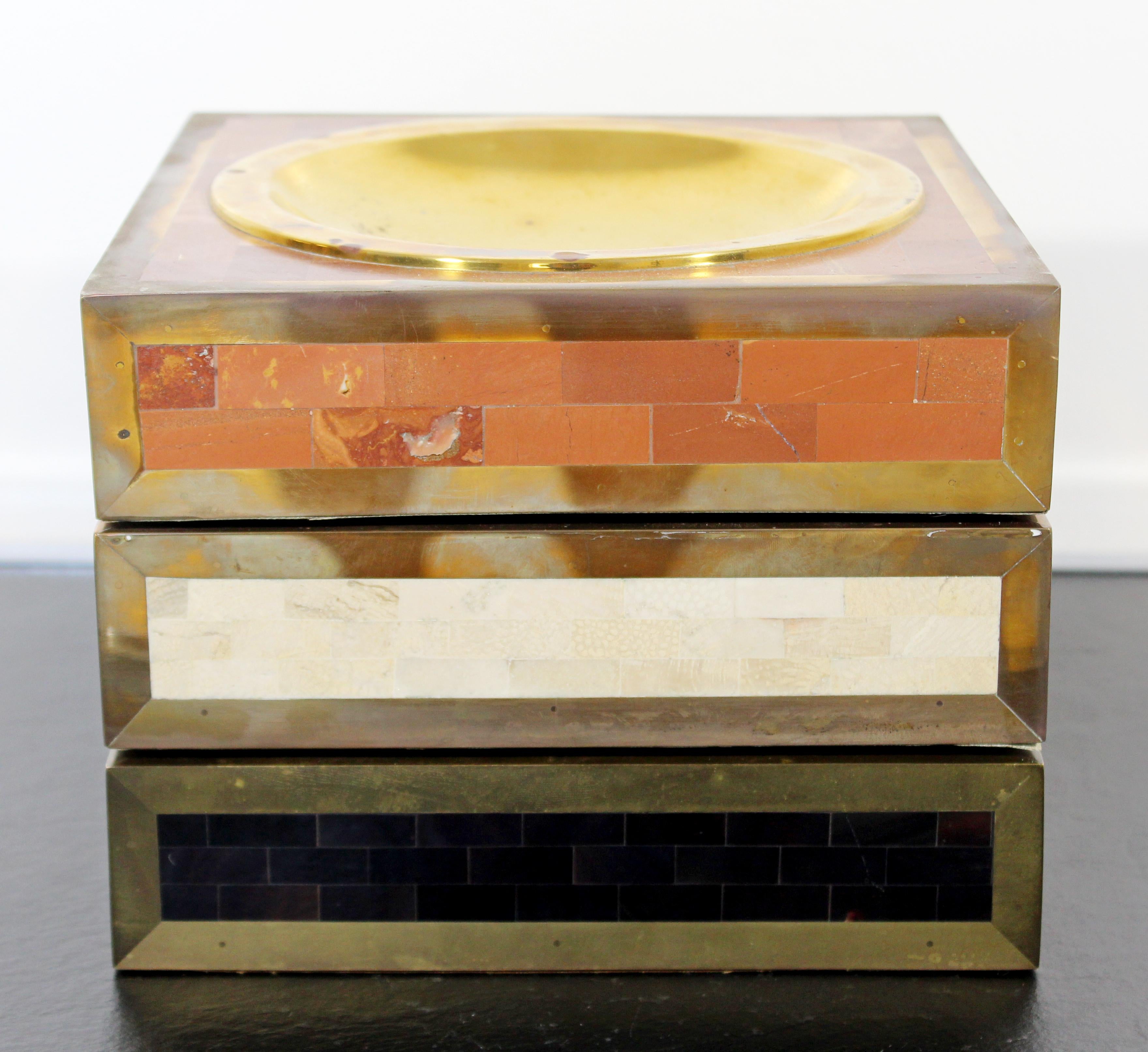 Contemporary Modern Maitland Smith Set 3 Tessellated Stone Brass Vide Poche Bowl 5