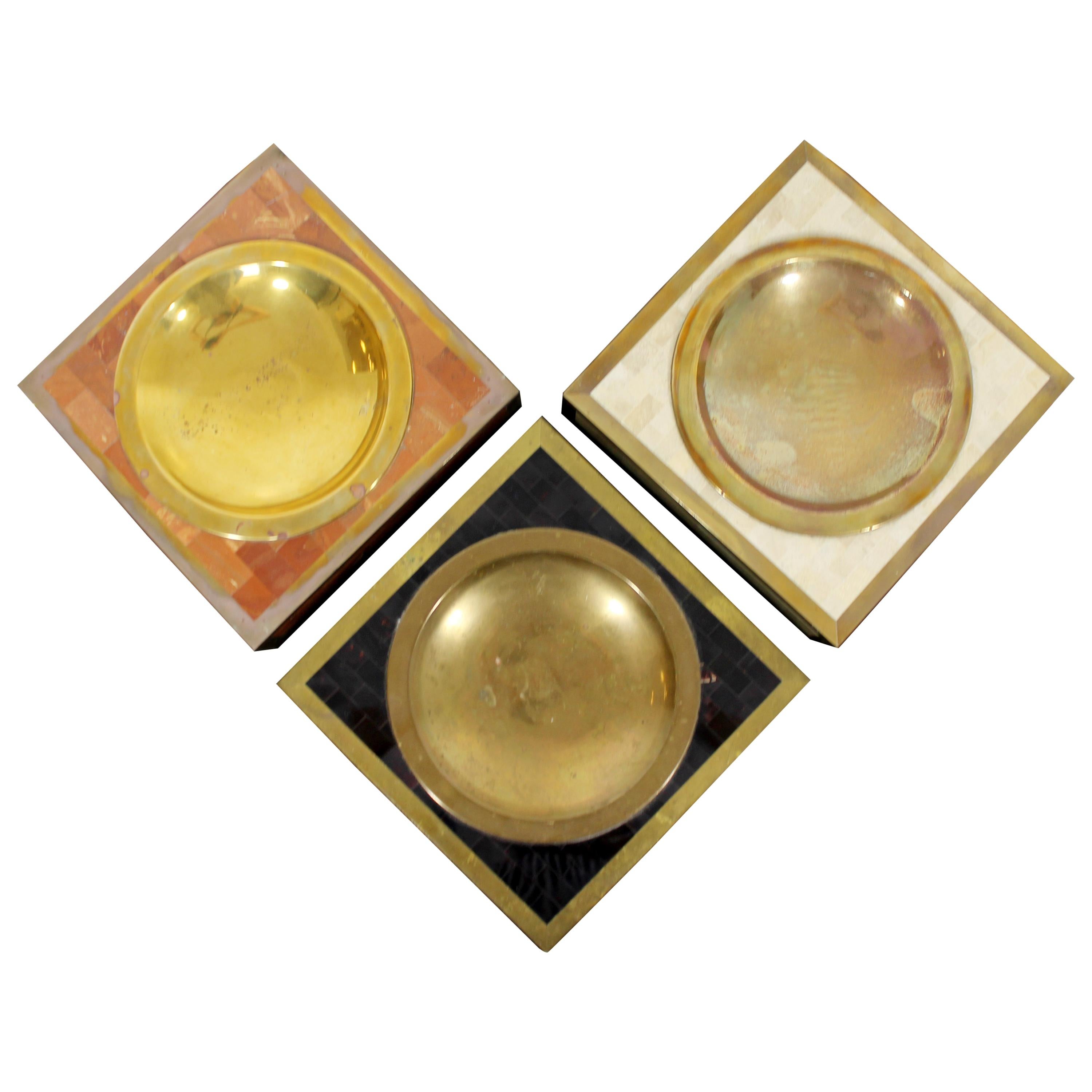 Contemporary Modern Maitland Smith Set 3 Tessellated Stone Brass Vide Poche Bowl