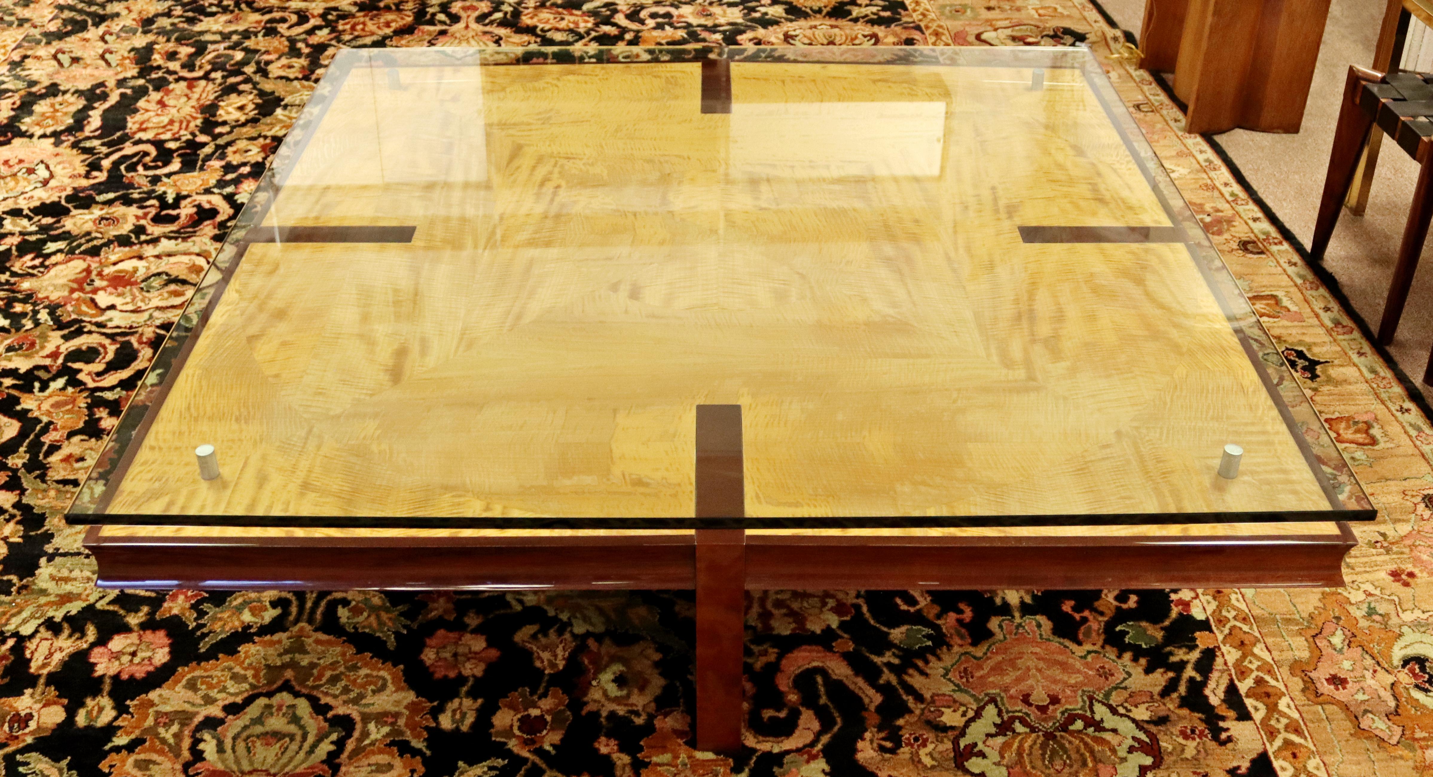 Contemporary Modern Massive Square Burl Wood Floating Glass Coffee Table, 1980s 7