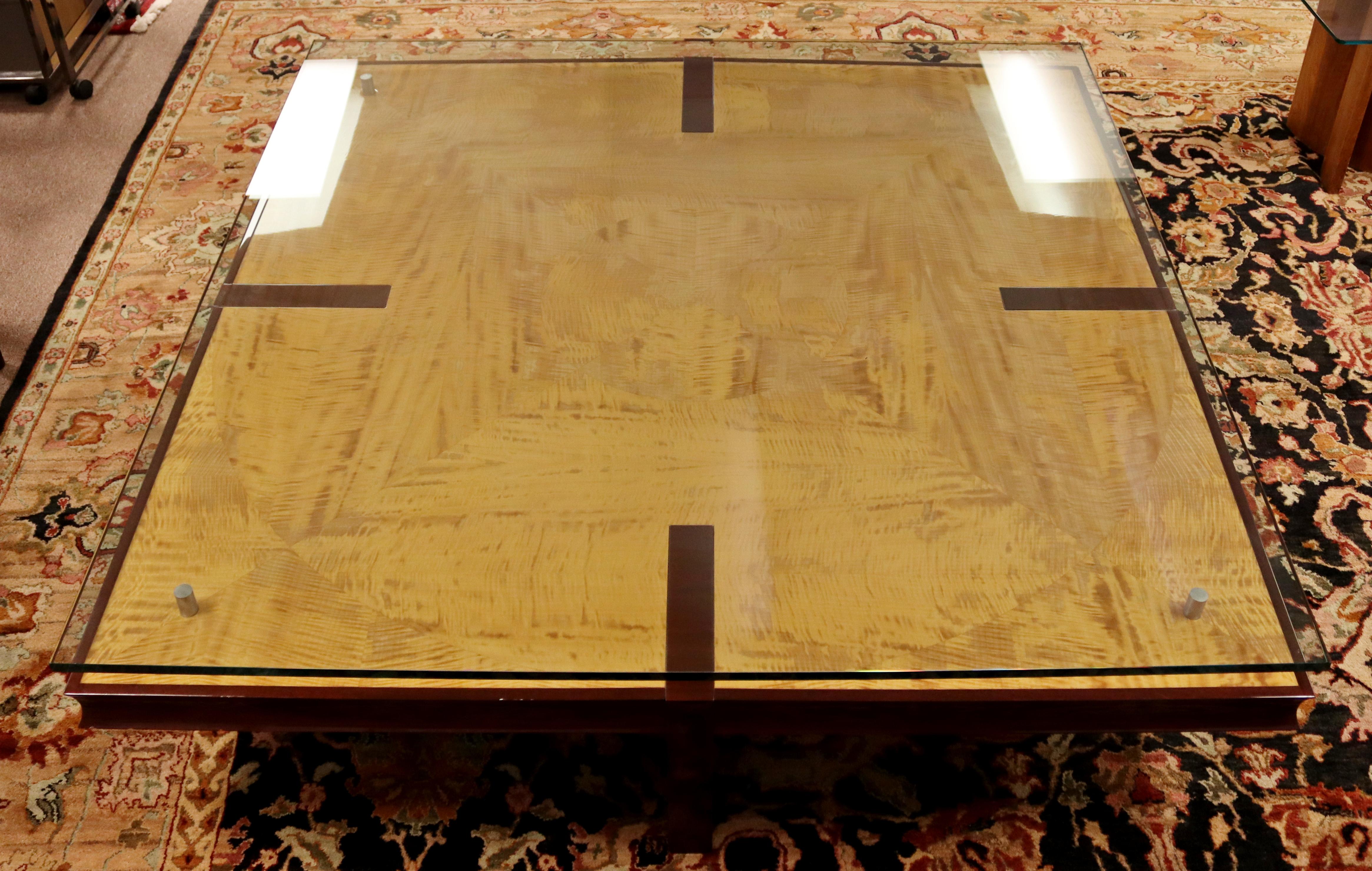 Contemporary Modern Massive Square Burl Wood Floating Glass Coffee Table, 1980s 1