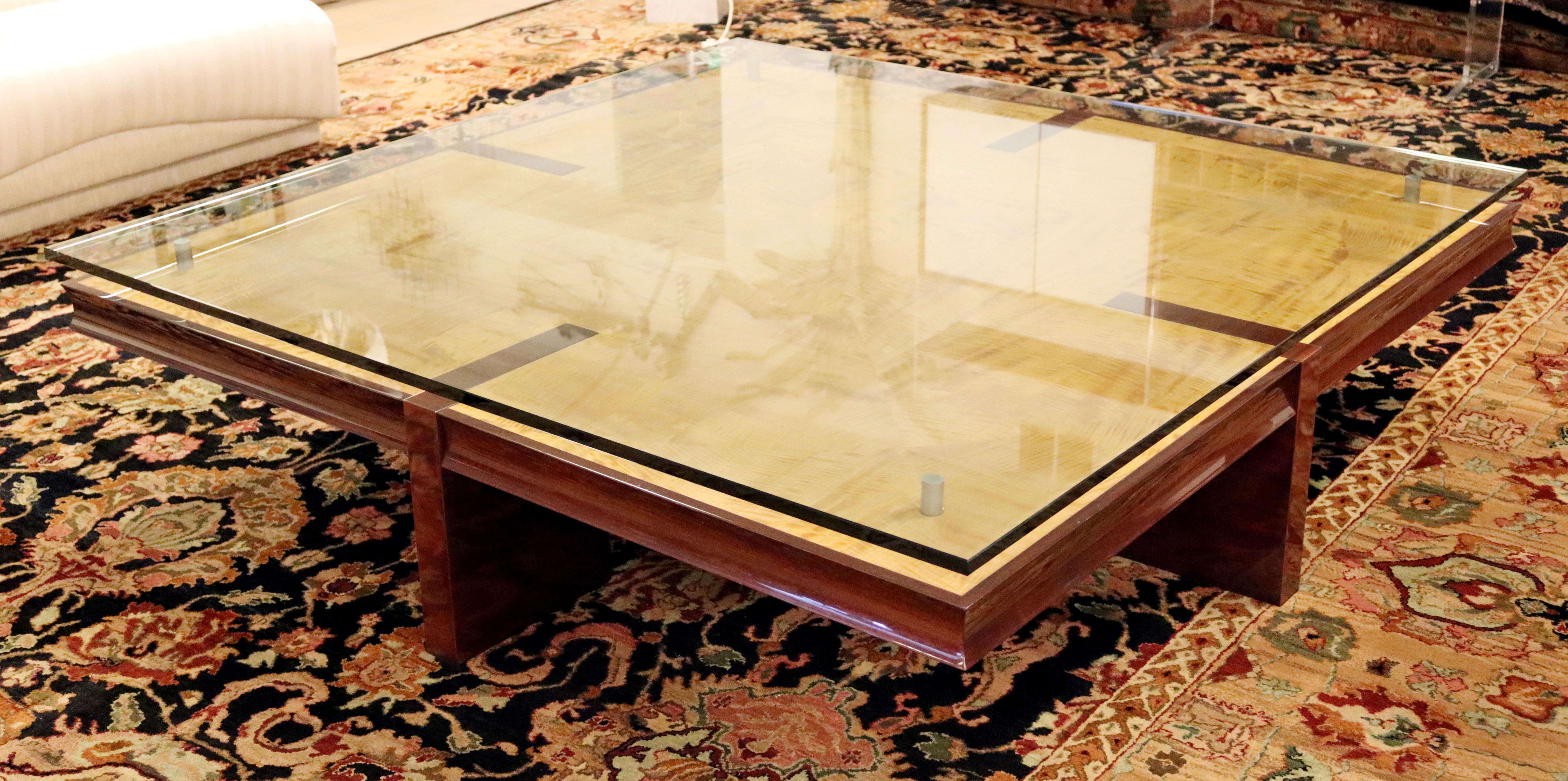 Contemporary Modern Massive Square Burl Wood Floating Glass Coffee Table, 1980s 4