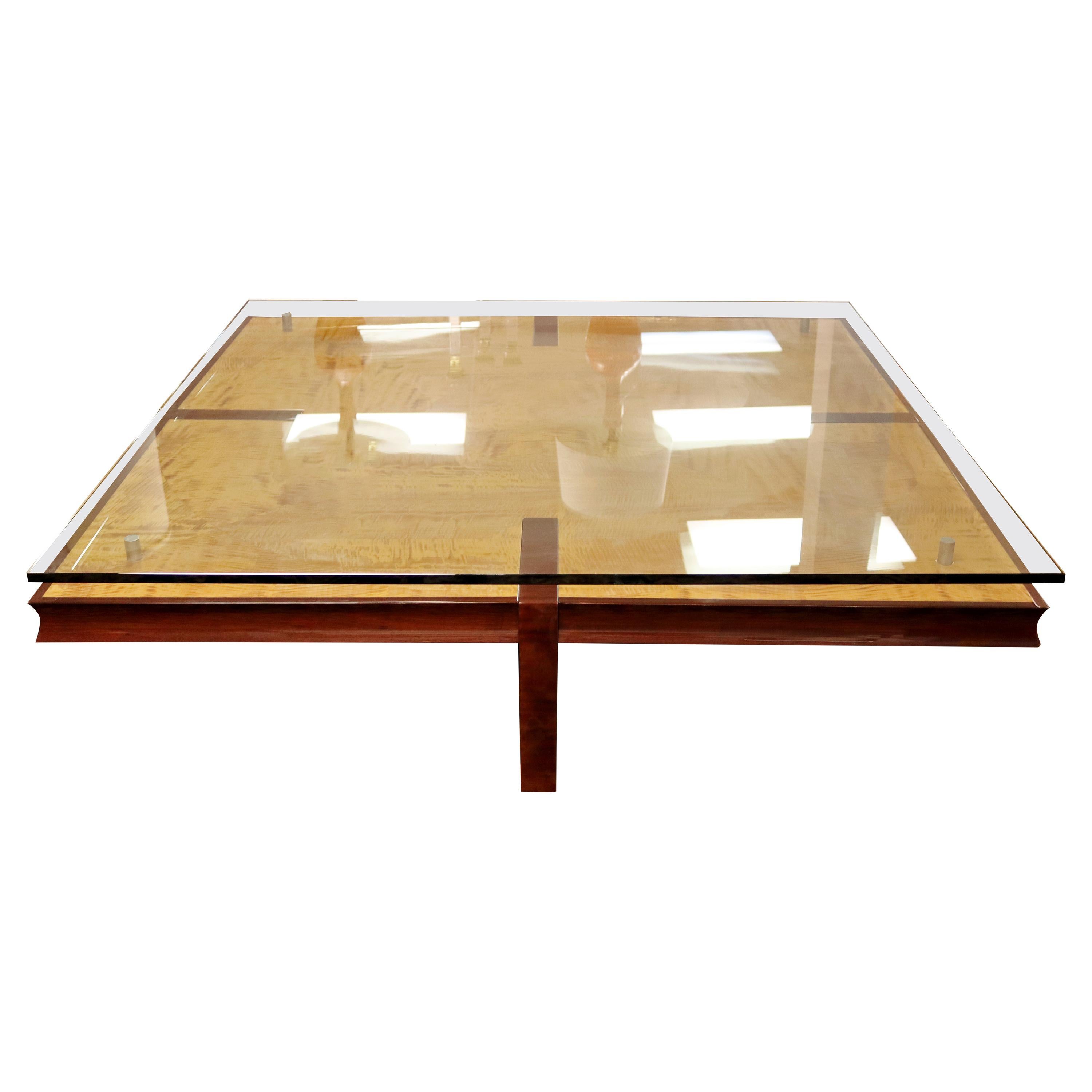 Contemporary Modern Massive Square Burl Wood Floating Glass Coffee Table, 1980s